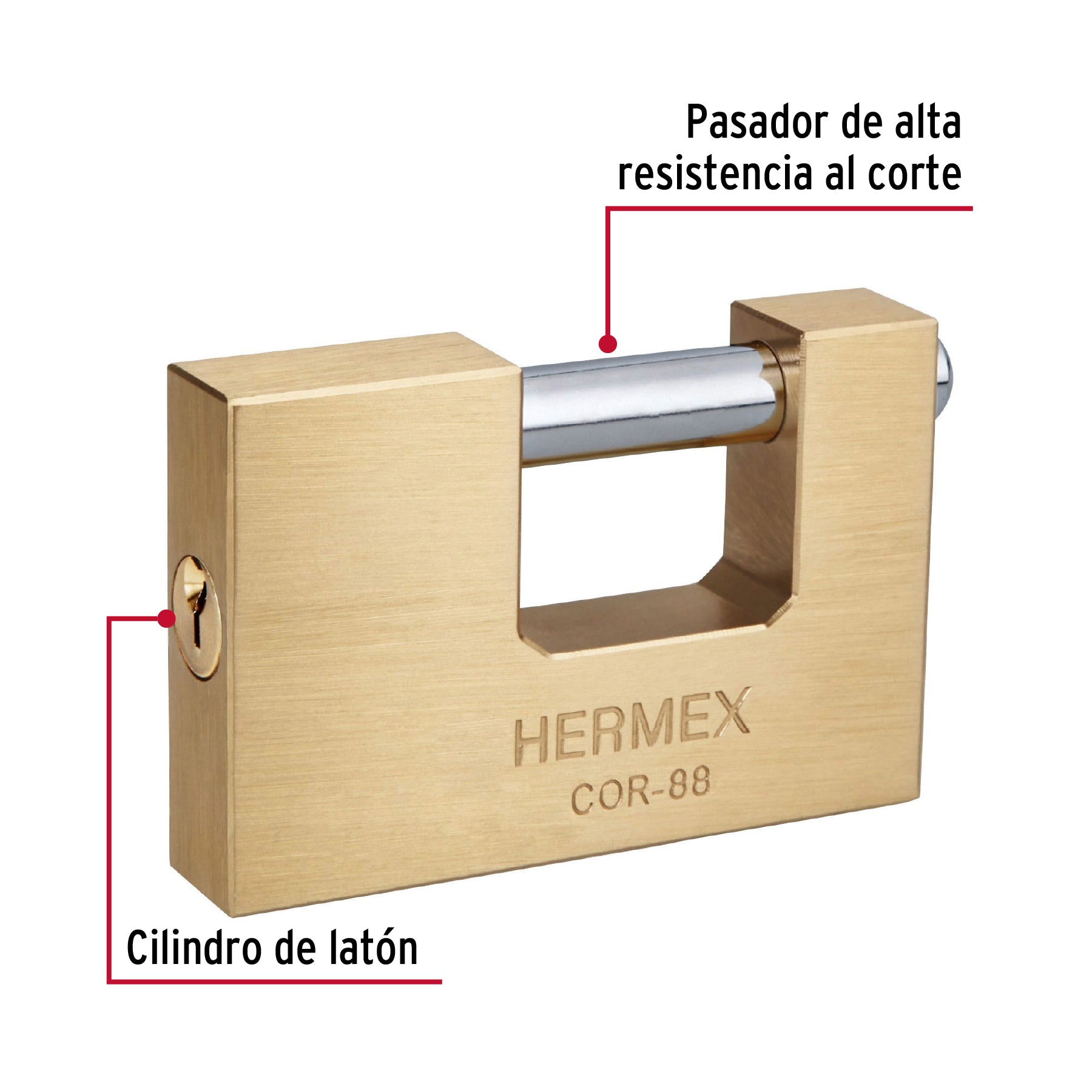 Candado antipalanca, 88mm, cuerpo de latón llave tradicional