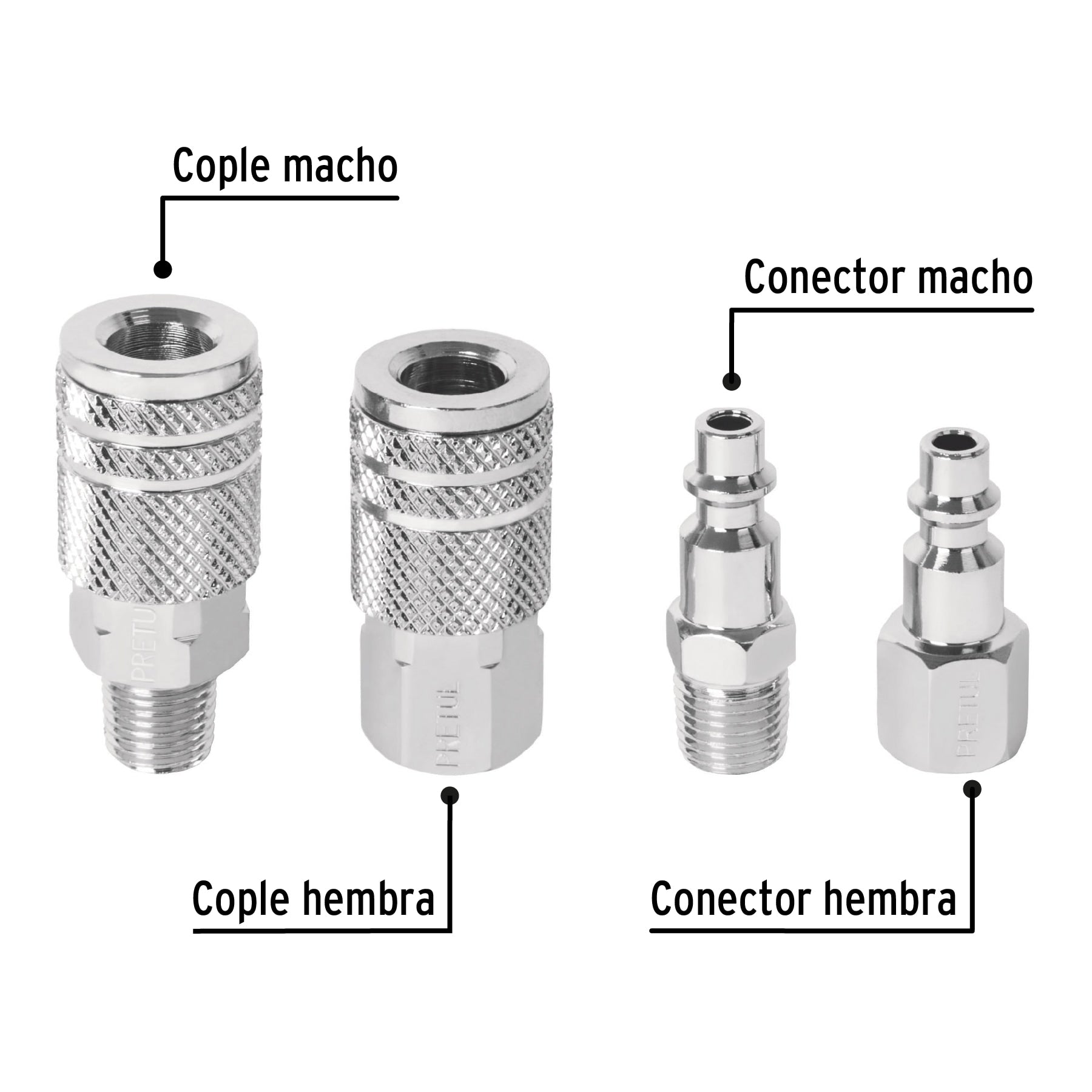 Juego de 2 conectores rápidos y 2 coples, de acero, PRETUL