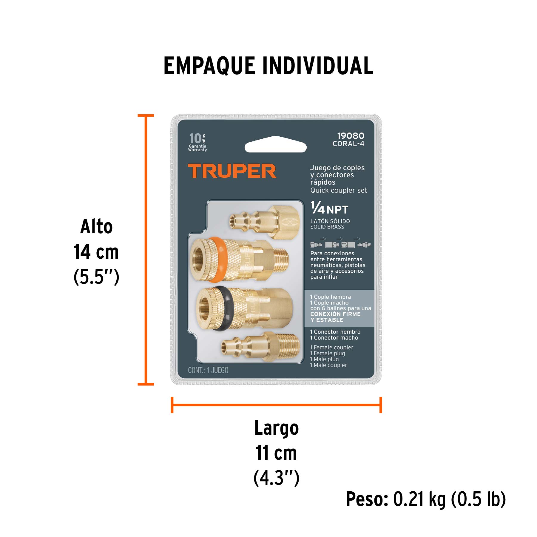 Juego de 2 conectores rápidos y 2 coples, de latón, TRUPER - Empaque