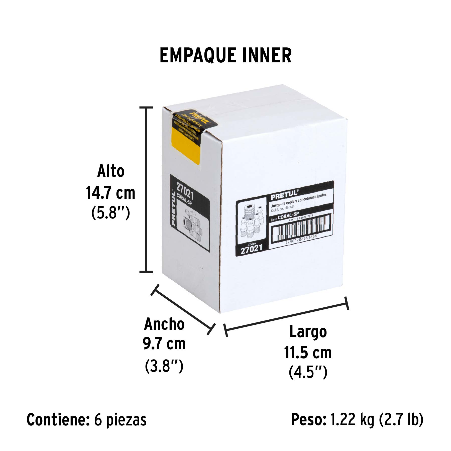 Juego de 4 conectores rápidos y 1 cople, de acero, PRETUL - Empaque