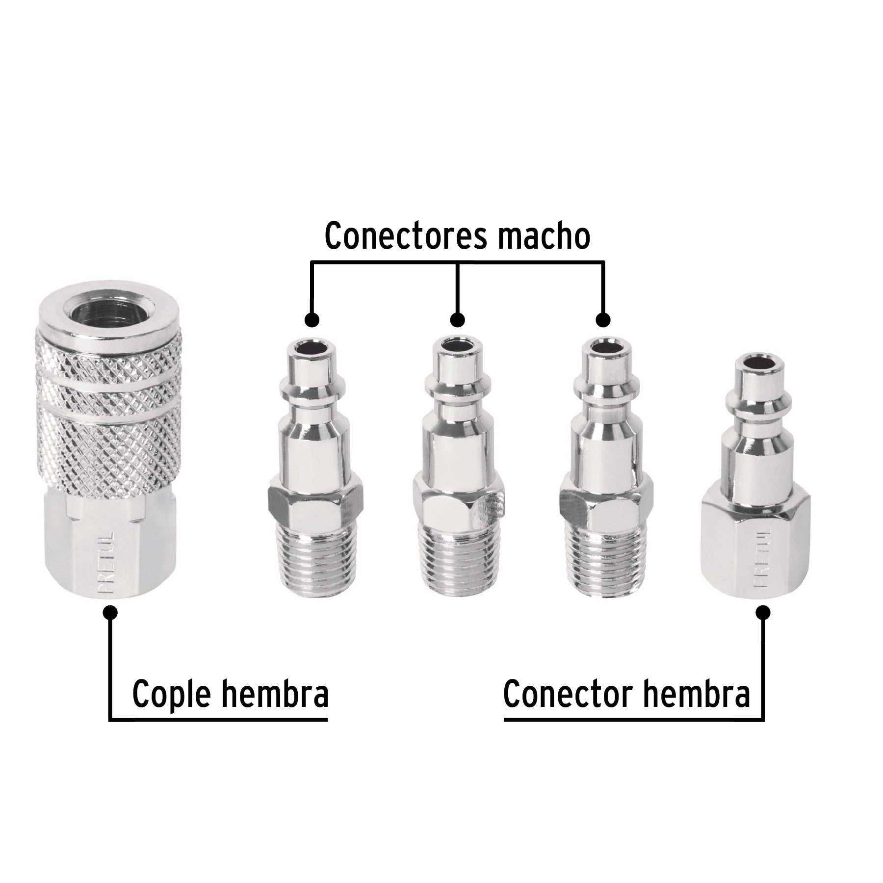 Juego de 4 conectores rápidos y 1 cople, de acero, PRETUL
