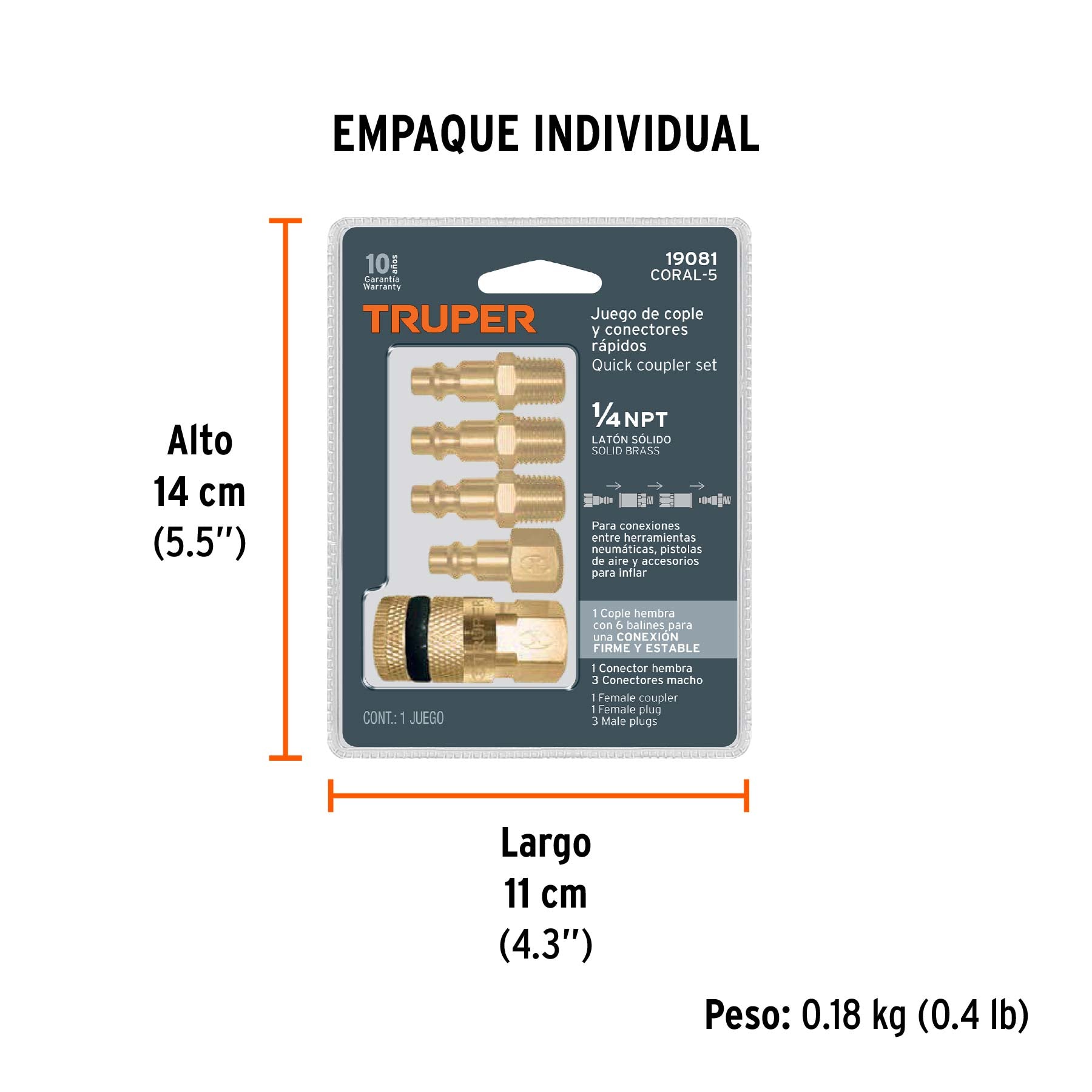 Juego de 4 conectores rápidos y 1 cople, de latón, TRUPER - Empaque