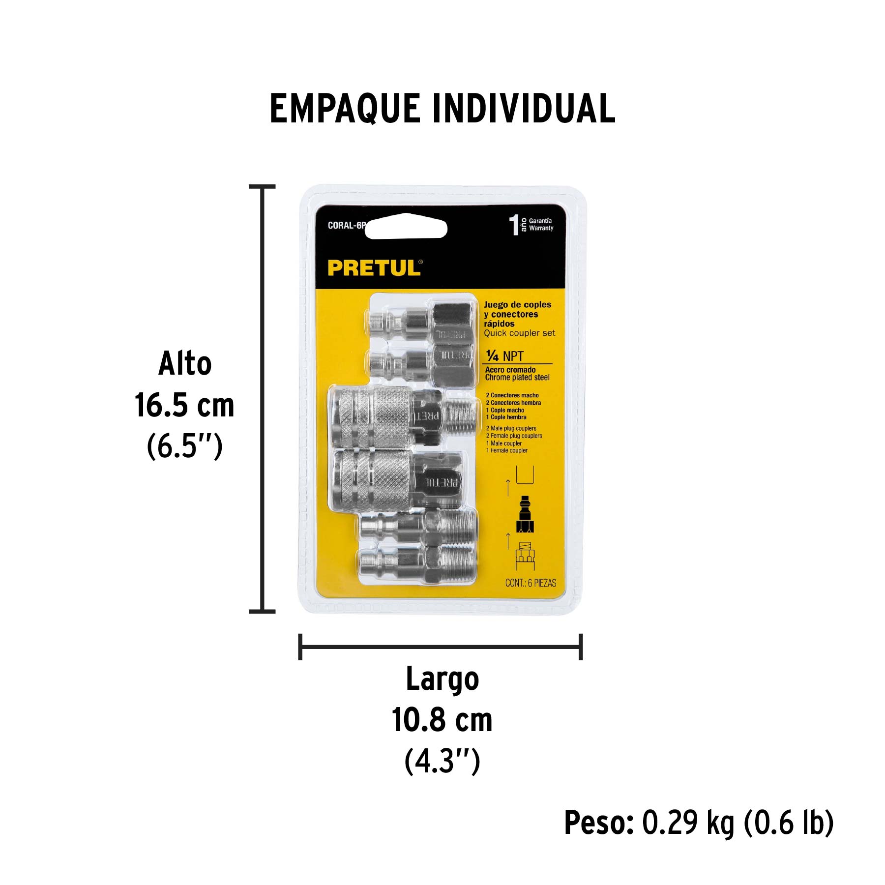 Juego de 4 conectores rápidos y 2 coples, de acero, PRETUL - Empaque