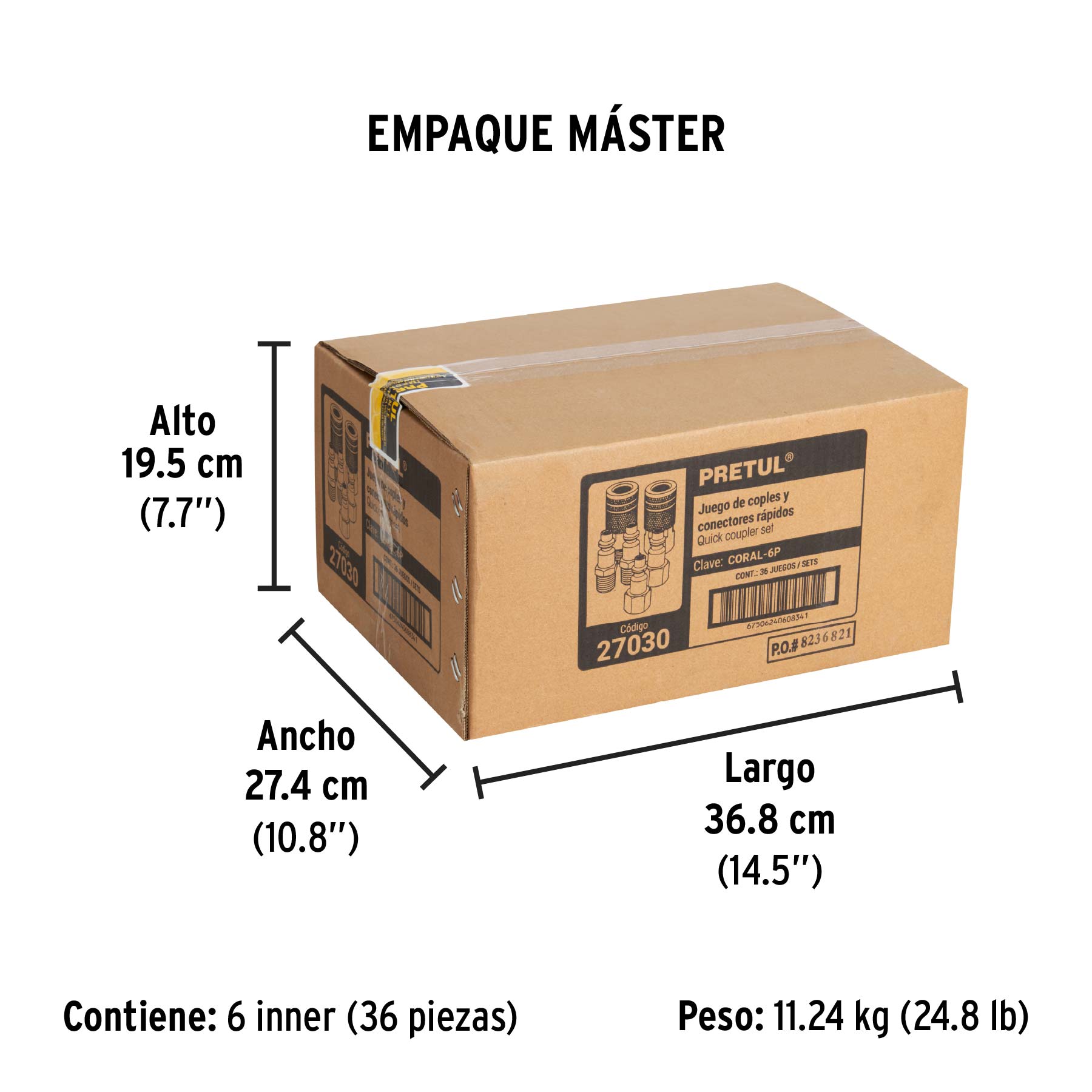 Juego de 4 conectores rápidos y 2 coples, de acero, PRETUL - Empaque