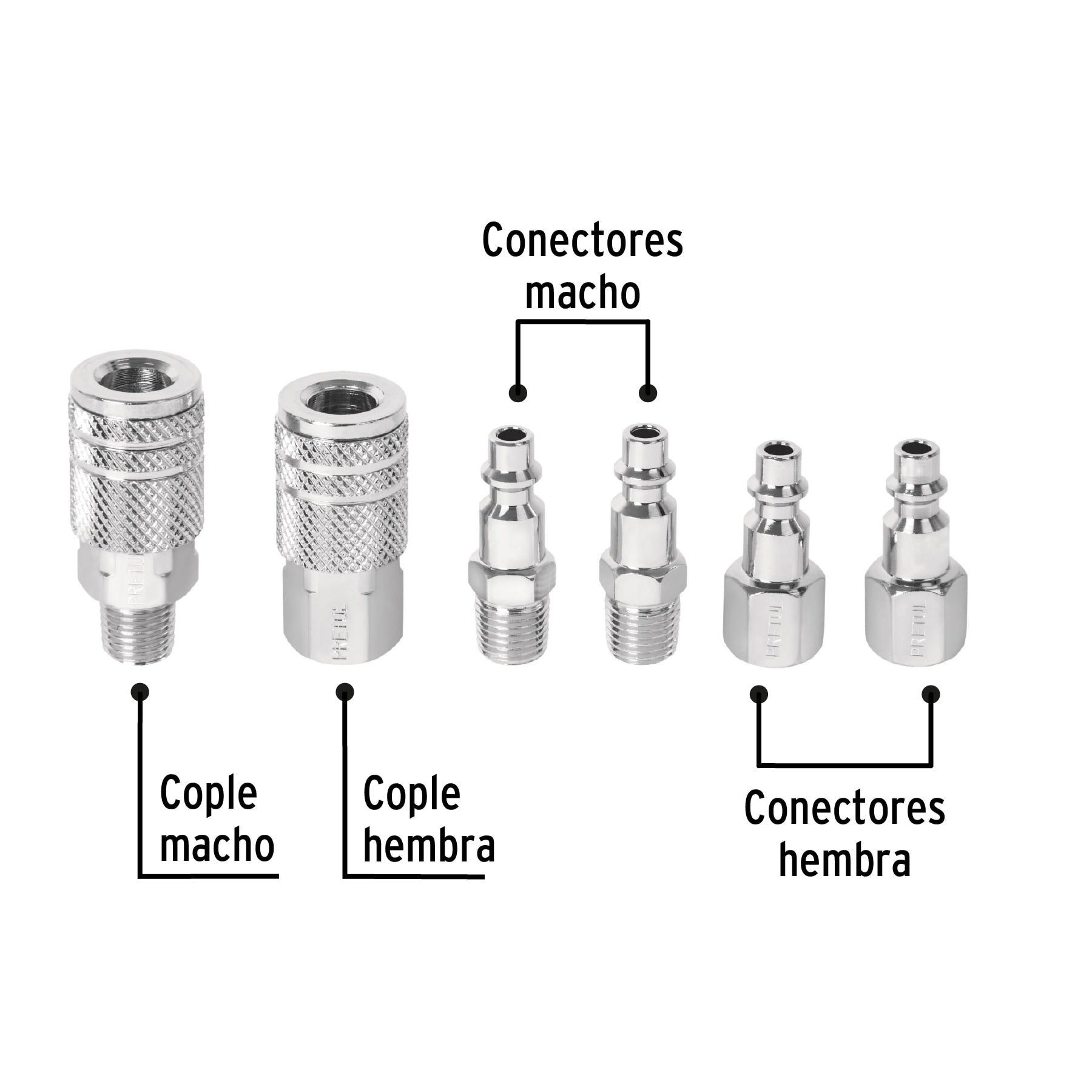 Juego de 4 conectores rápidos y 2 coples, de acero, PRETUL