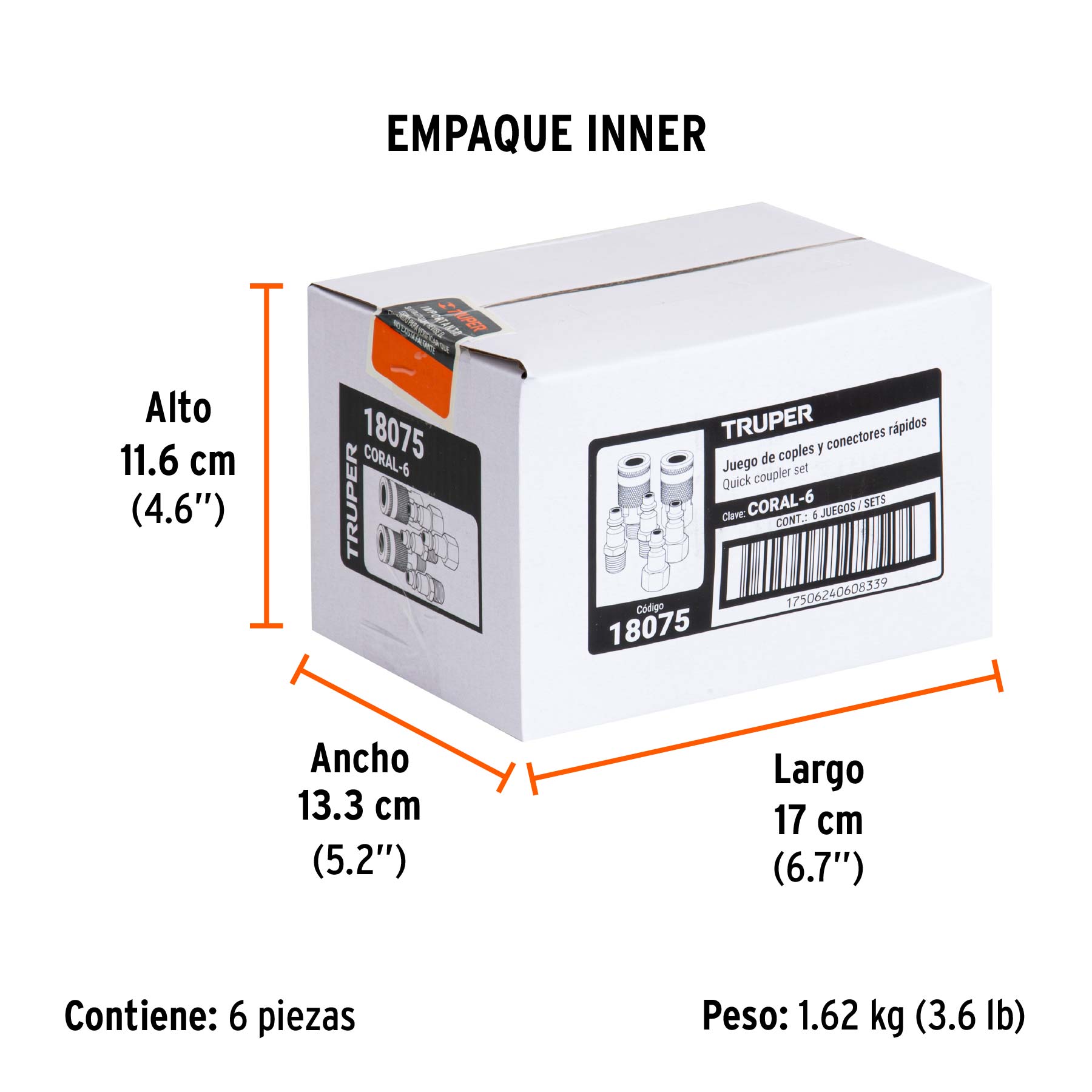 Juego de 4 conectores rápidos y 2 coples, de latón, TRUPER - Empaque