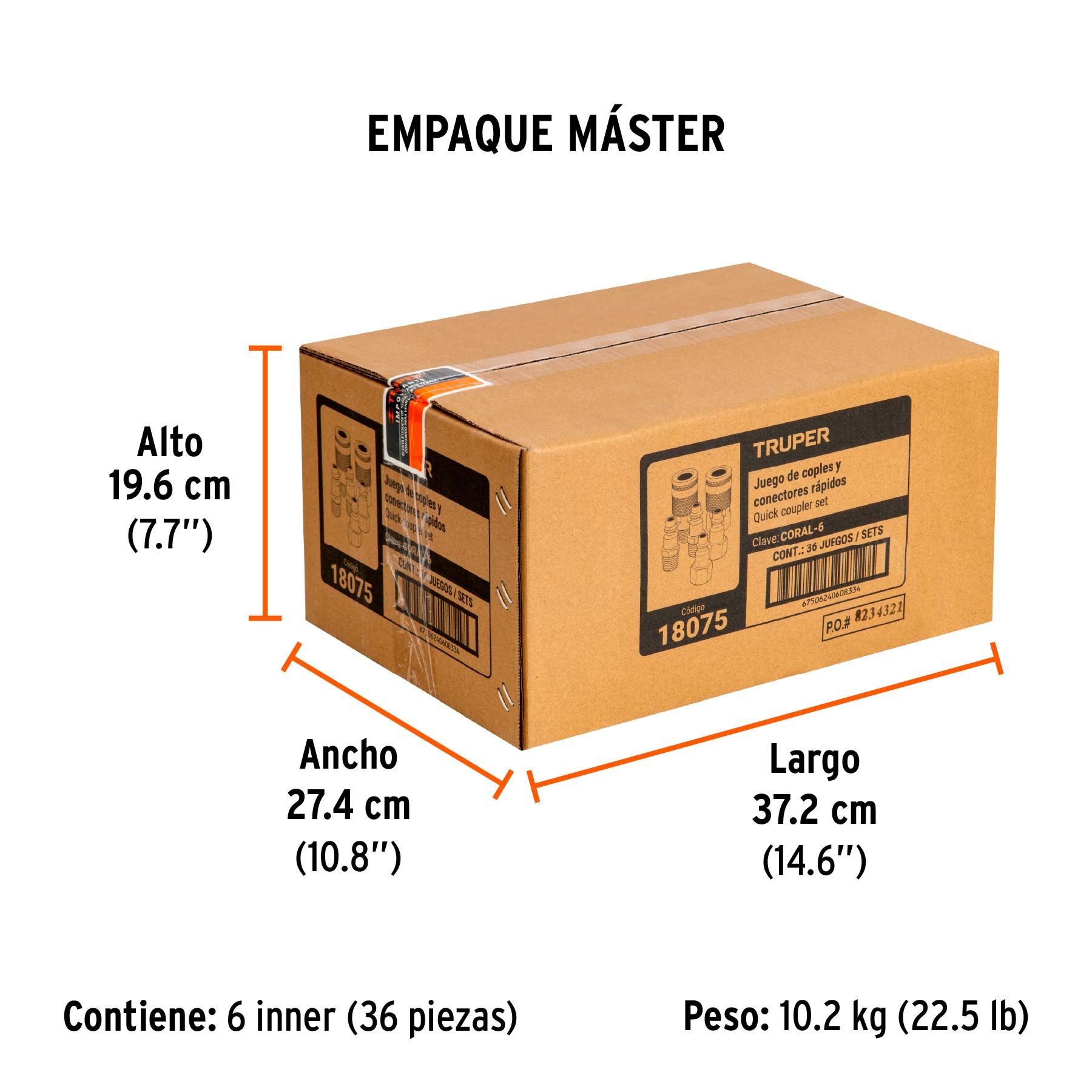 Juego de 4 conectores rápidos y 2 coples, de latón, TRUPER - Empaque