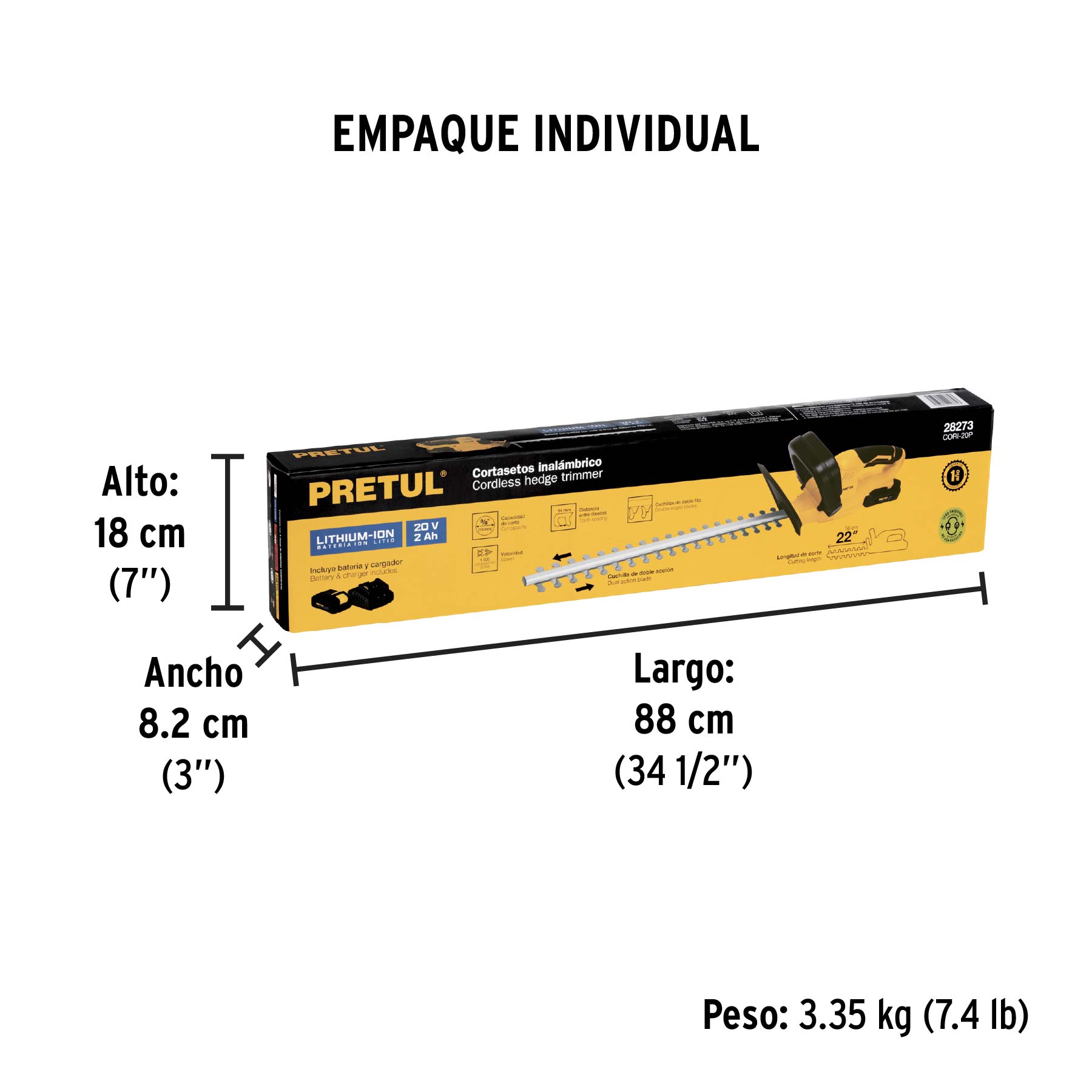 Cortasetos inalámbrico 20V, 1 batería 2Ah, 1 carg. PRETUL - Empaque