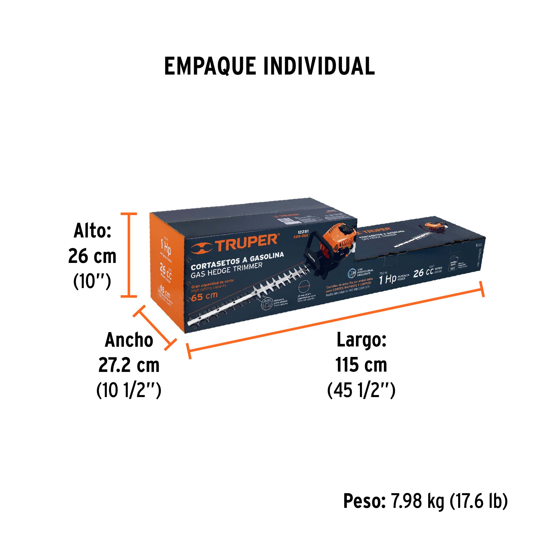 Cortasetos con motor a gasolina 26 cc, profesional, TRUPER - Empaque