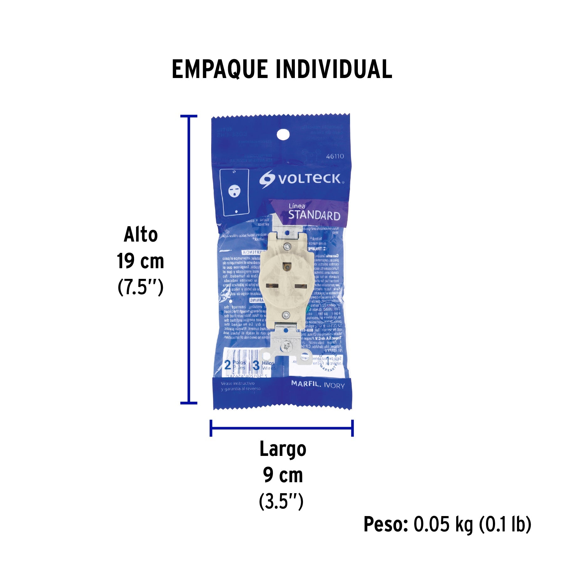 Contacto sencillo, cara de chino, Standard, marfil, VOLTECK - Empaque