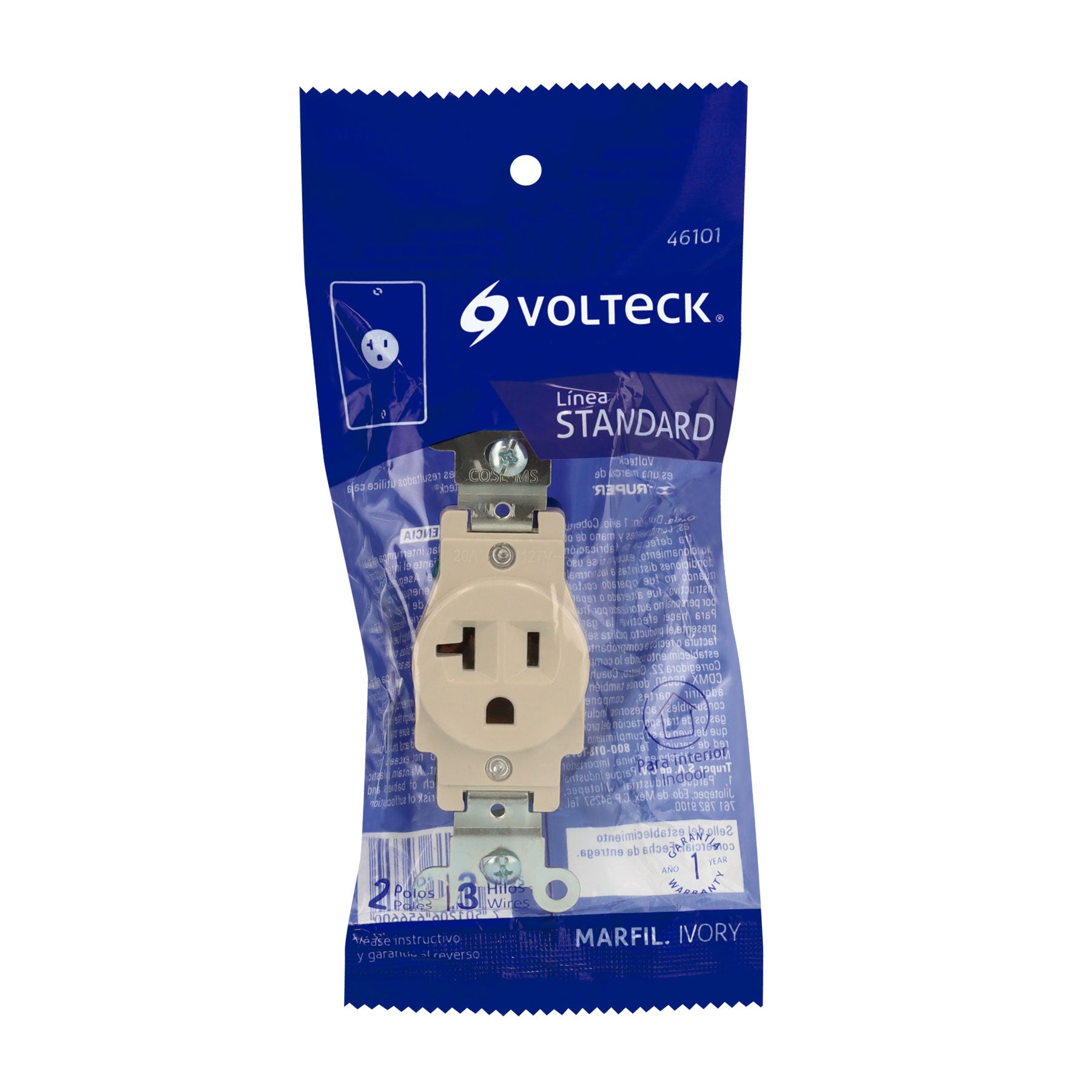 Contacto sencillo, 2 polos 3 hilos, 20 A, Standard, marfil