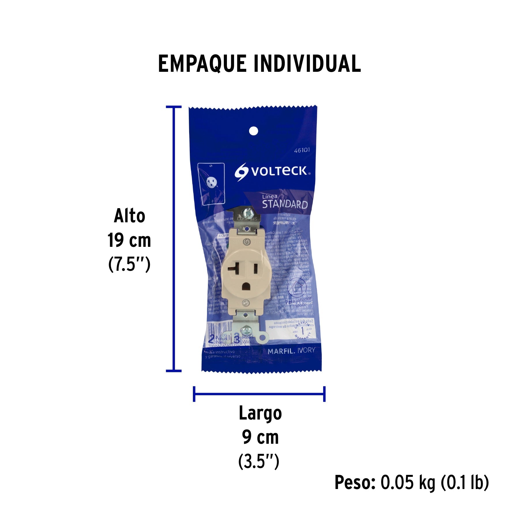Contacto sencillo, 2 polos 3 hilos, 20 A, Standard, marfil - Empaque