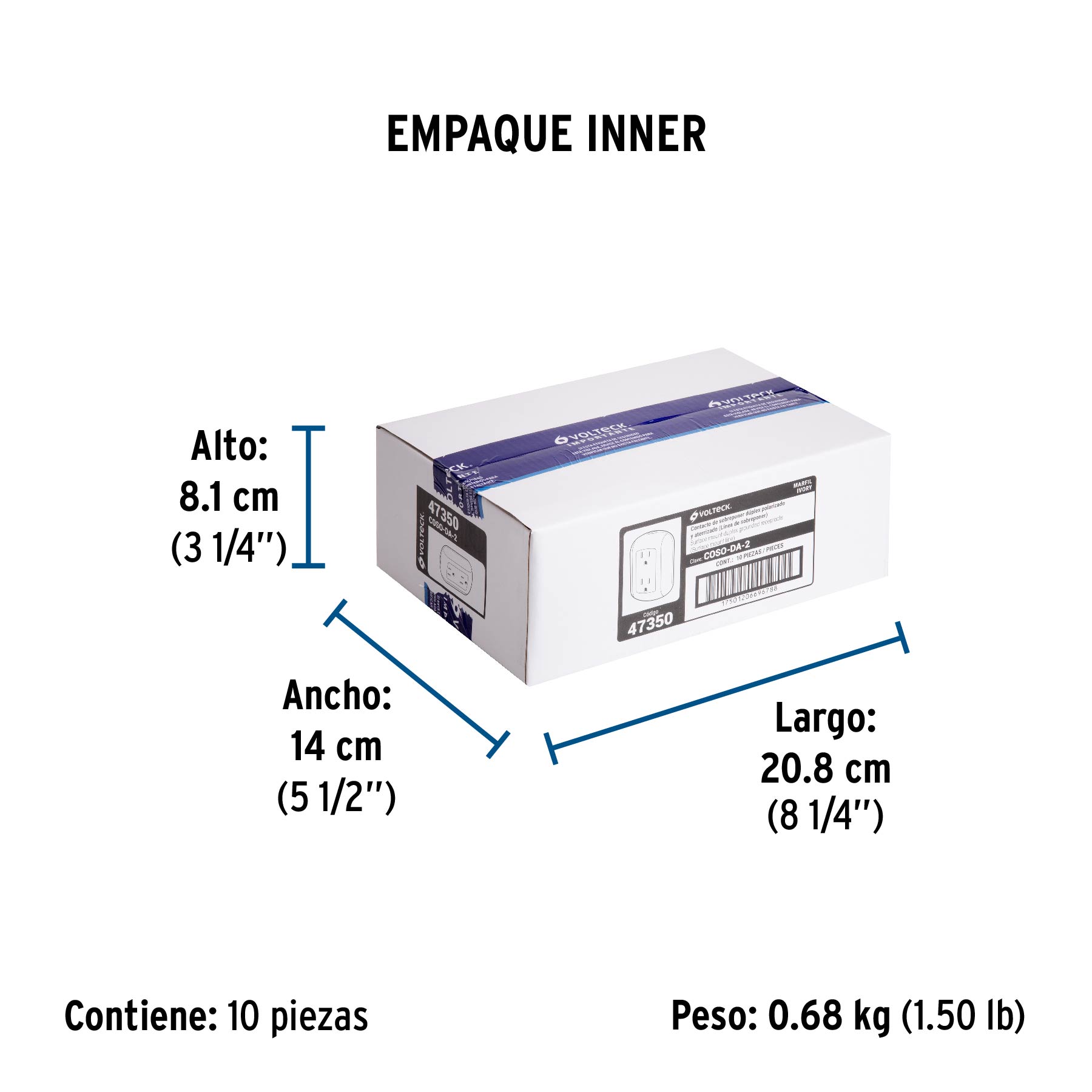 Contacto de sobreponer dúplex 2 polos+ tierra, ABS, VOLTECK - Empaque