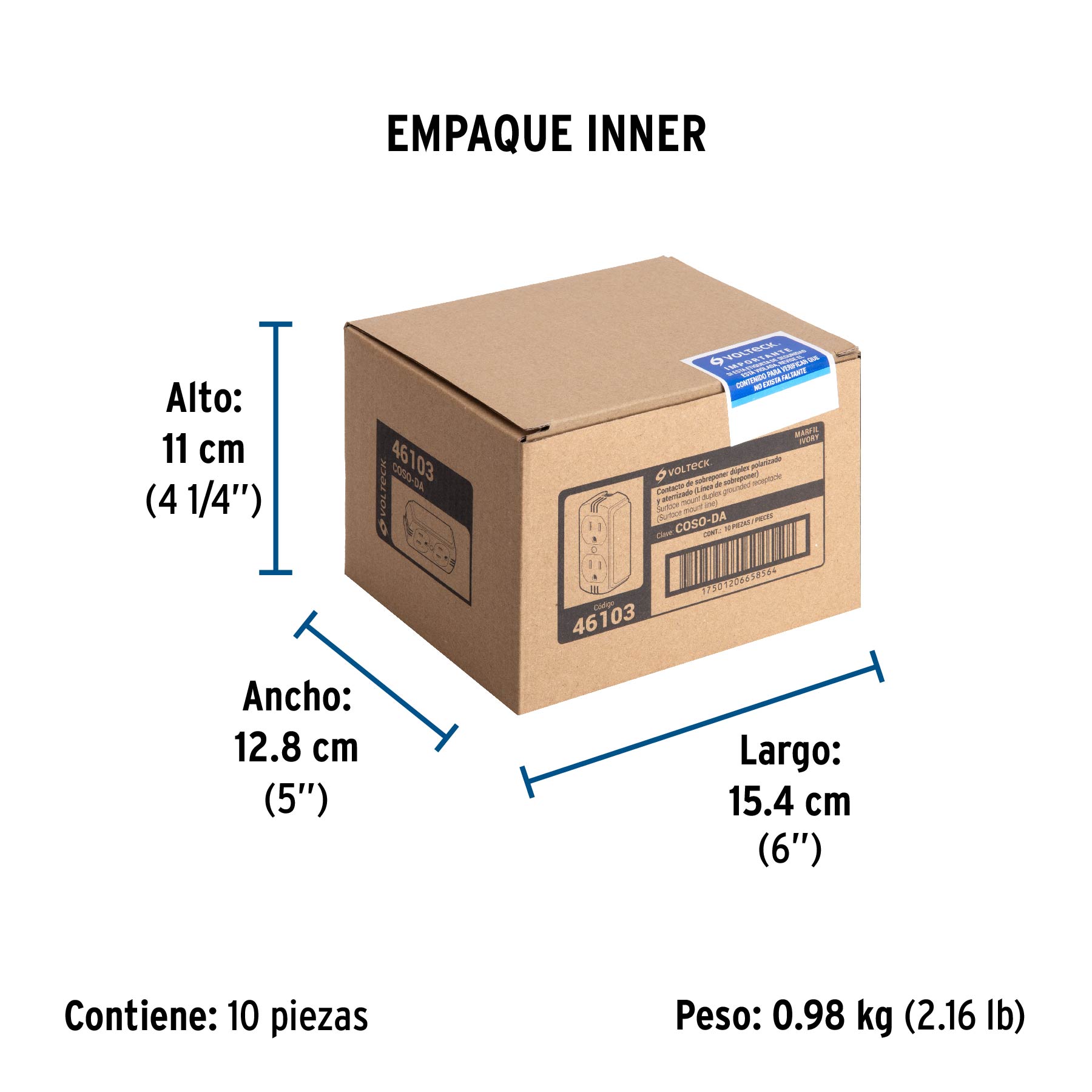Contacto de sobreponer dúplex, 2 polos+ tierra, baquelita - Empaque