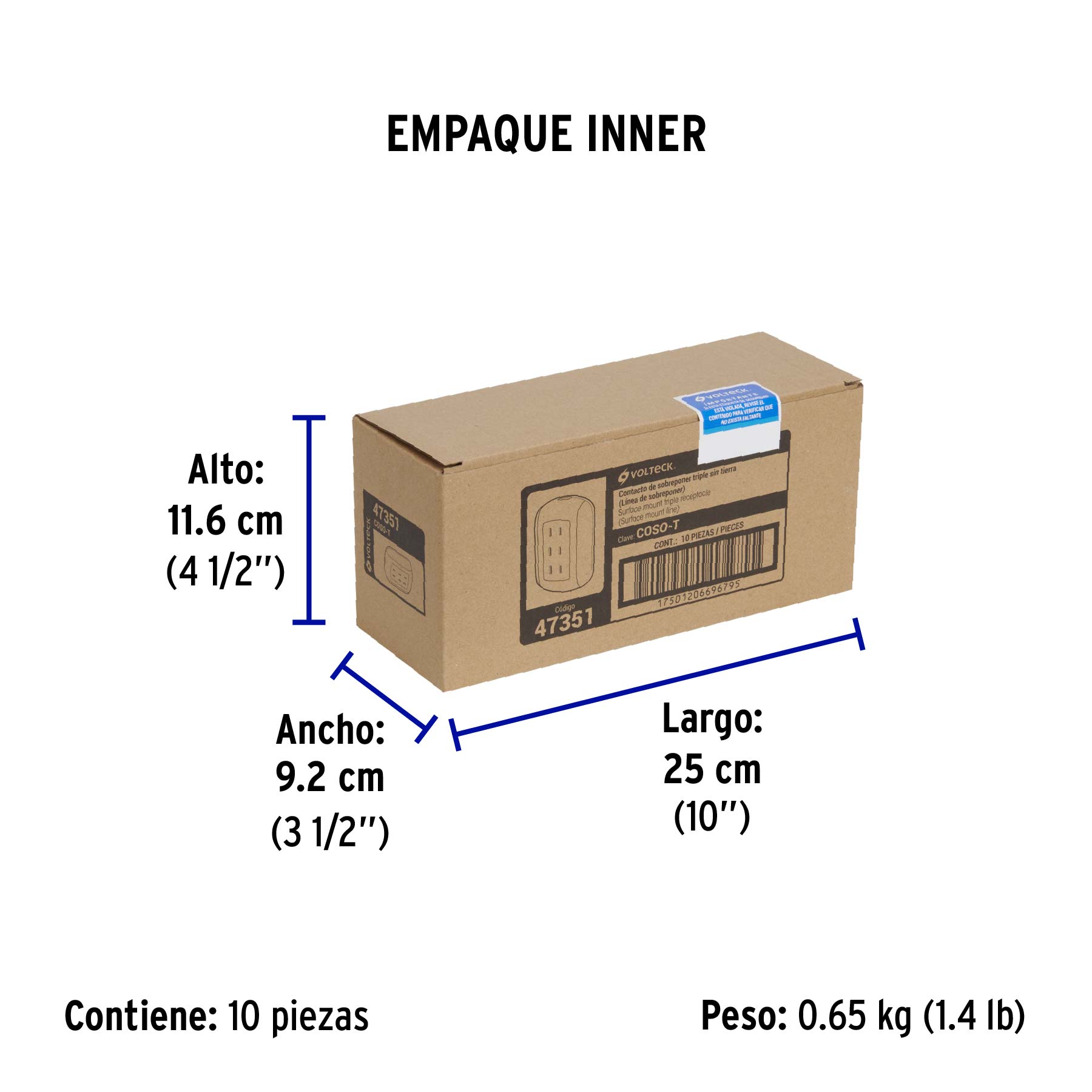Contacto de sobreponer triple sin tierra, VOLTECK - Empaque