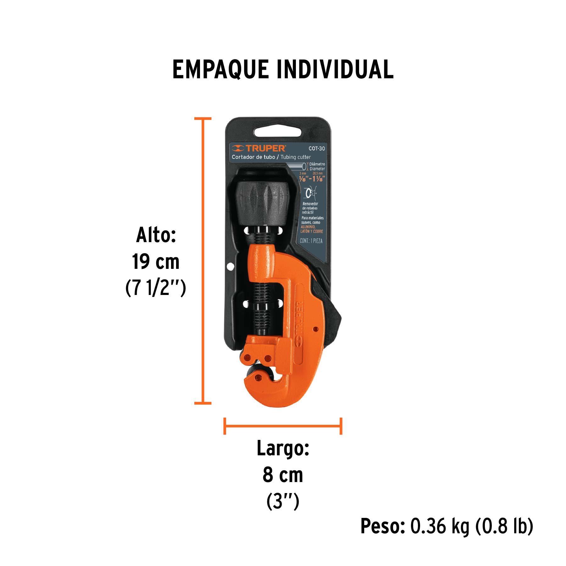 Cortador de tubo de cobre 1/8" a 1-1/8" cuchilla 17mm,Truper - Empaque