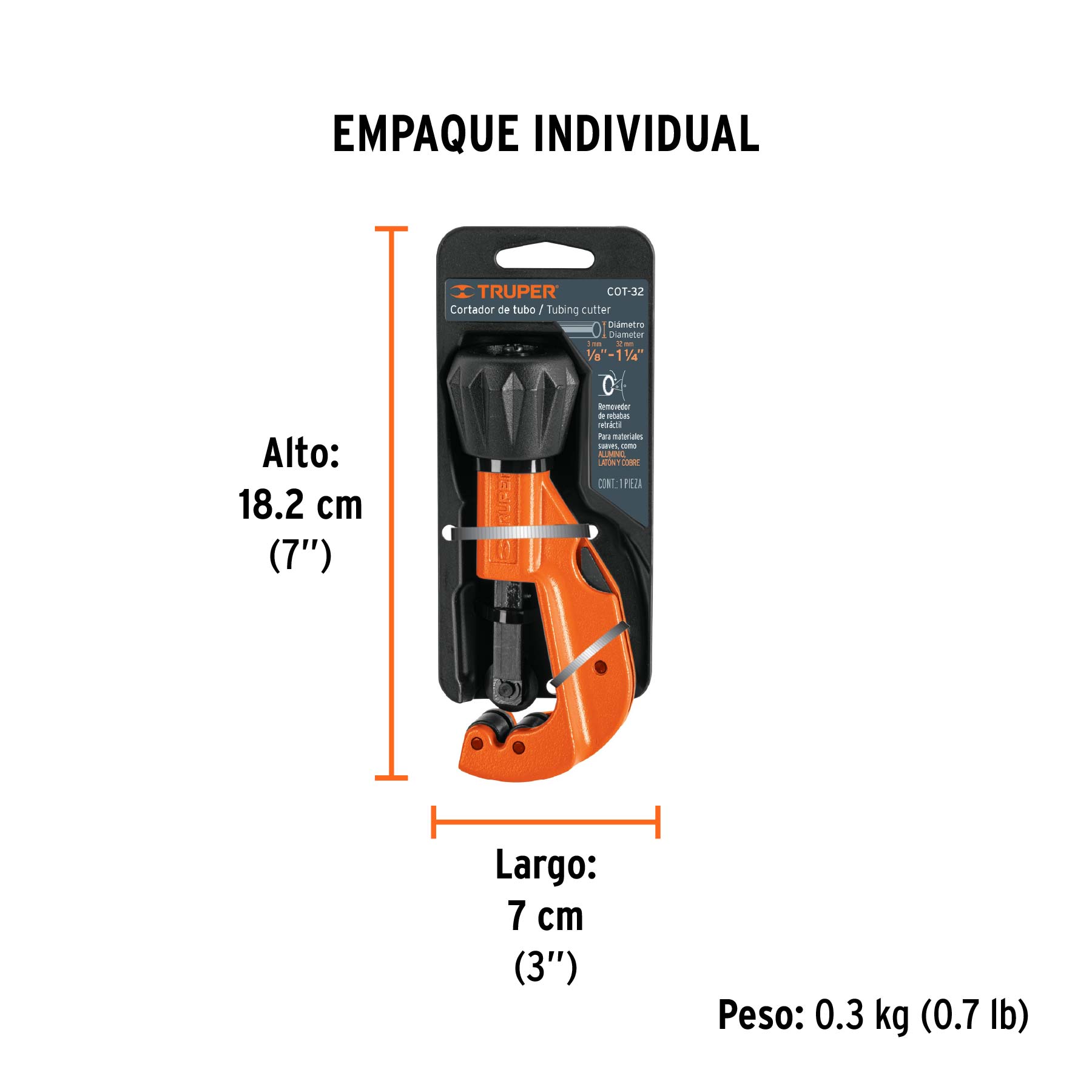 Cortador de tubo de cobre 1/8" a 1-1/4" cuchilla 18mm,Truper - Empaque