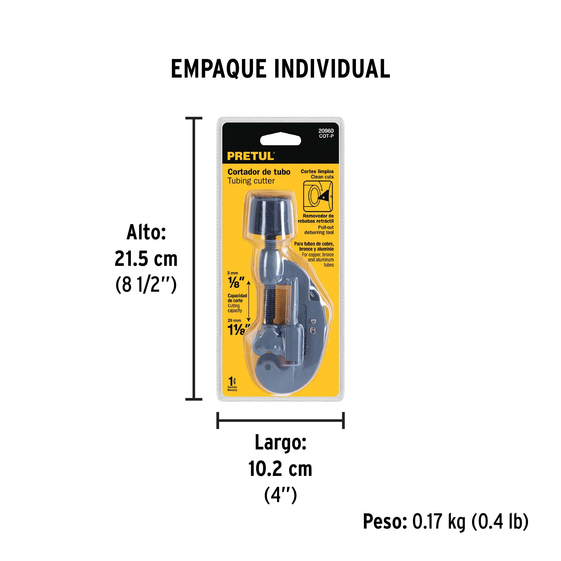 Cortador de tubo de cobre 1/8" a 1-1/8" cuchilla 17mm PRETUL - Empaque
