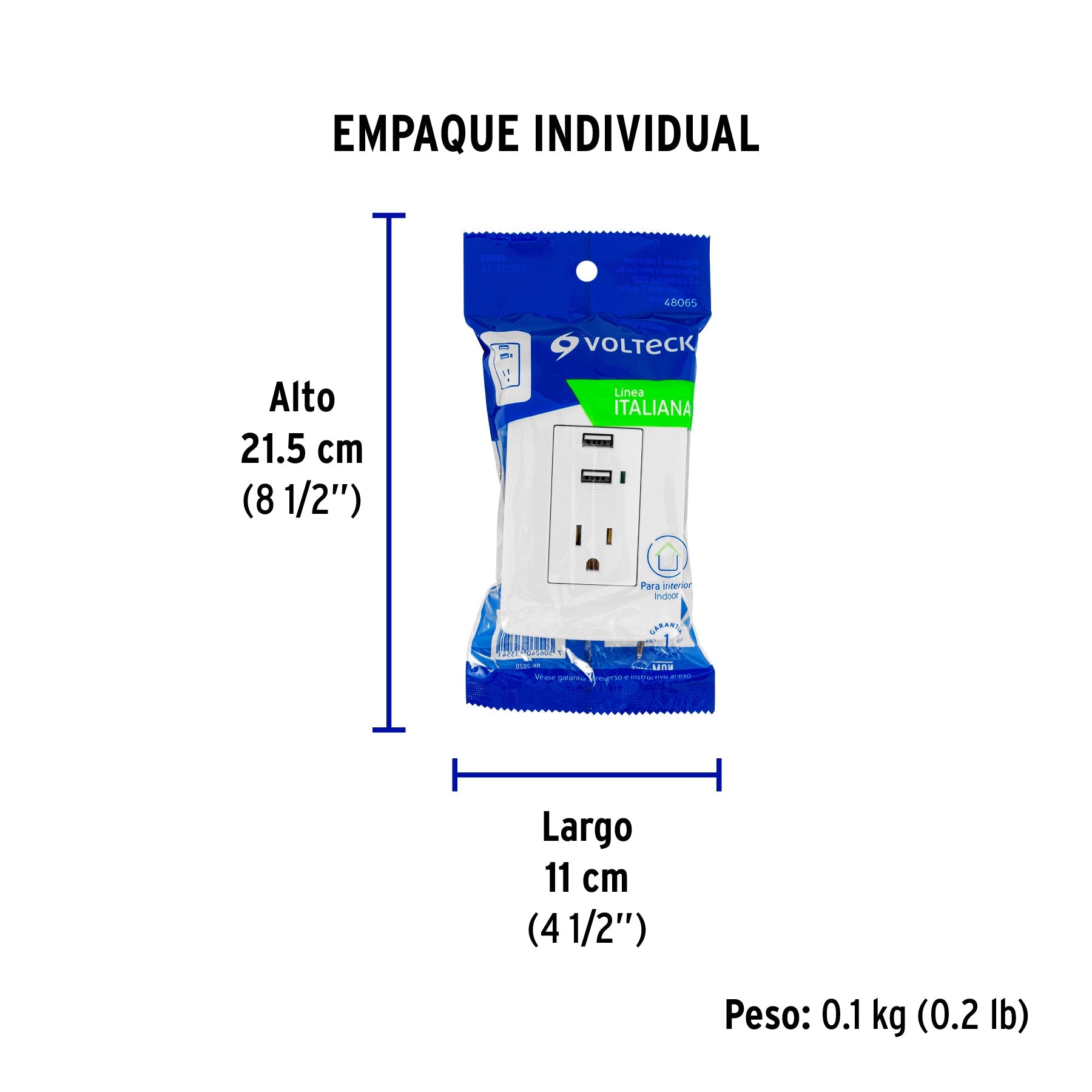 Contacto aterrizado + 2 puertos USB, blanco, línea Italiana - Empaque