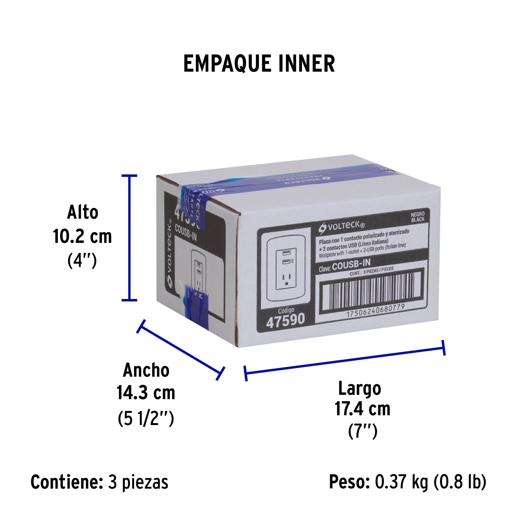 Contacto aterrizado + 2 puertos USB, negro, línea Italiana - Empaque