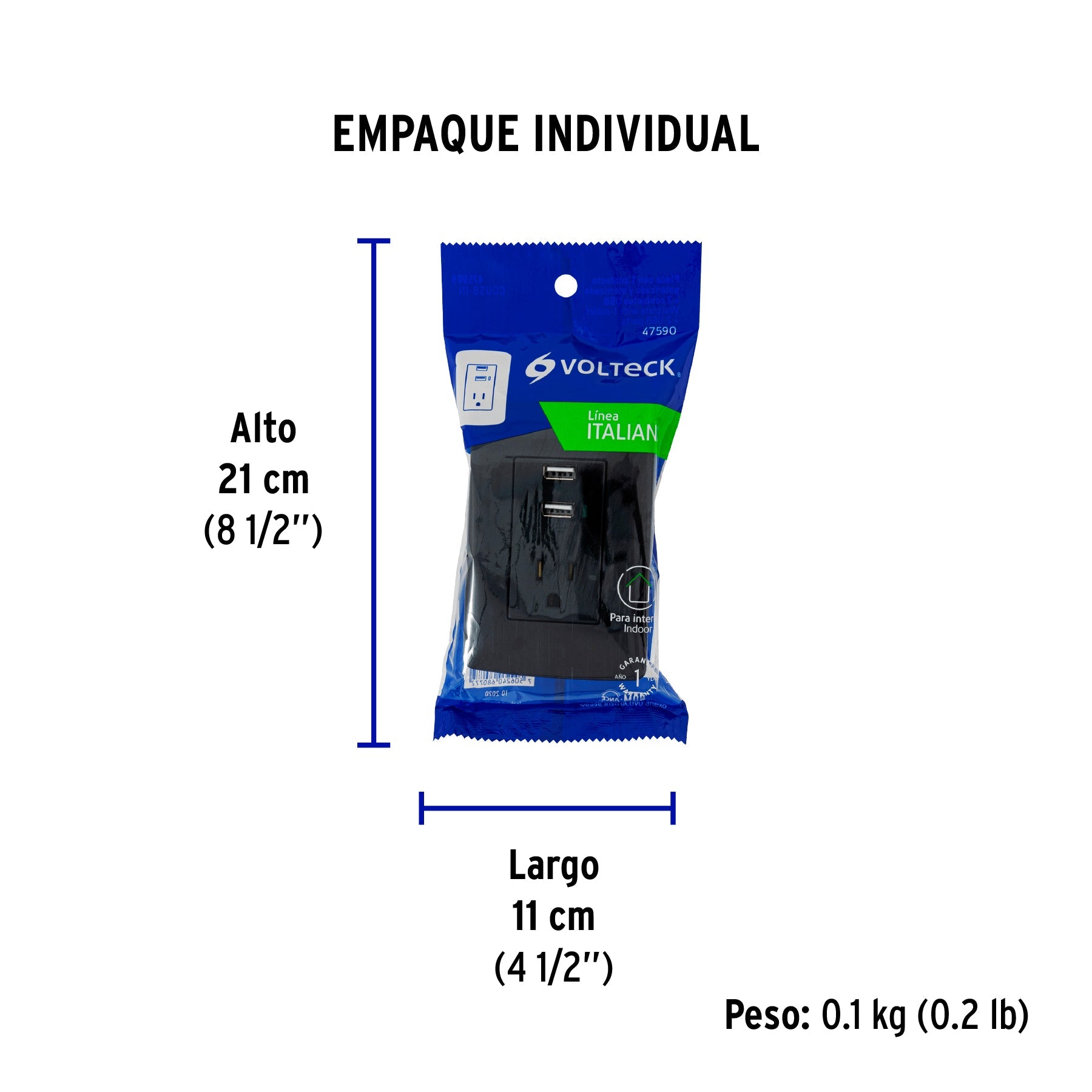 Contacto aterrizado + 2 puertos USB, negro, línea Italiana - Empaque