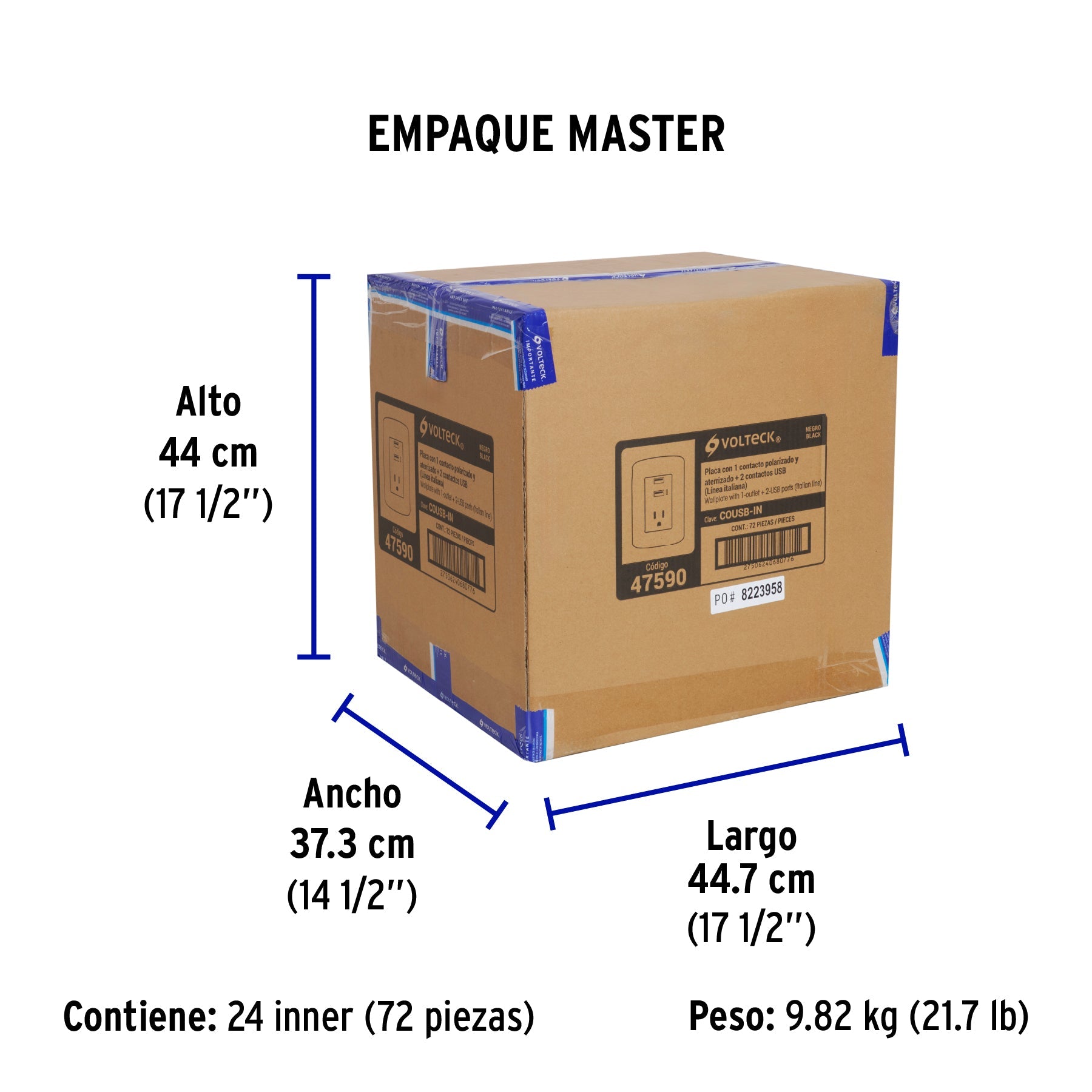 Contacto aterrizado + 2 puertos USB, negro, línea Italiana - Empaque