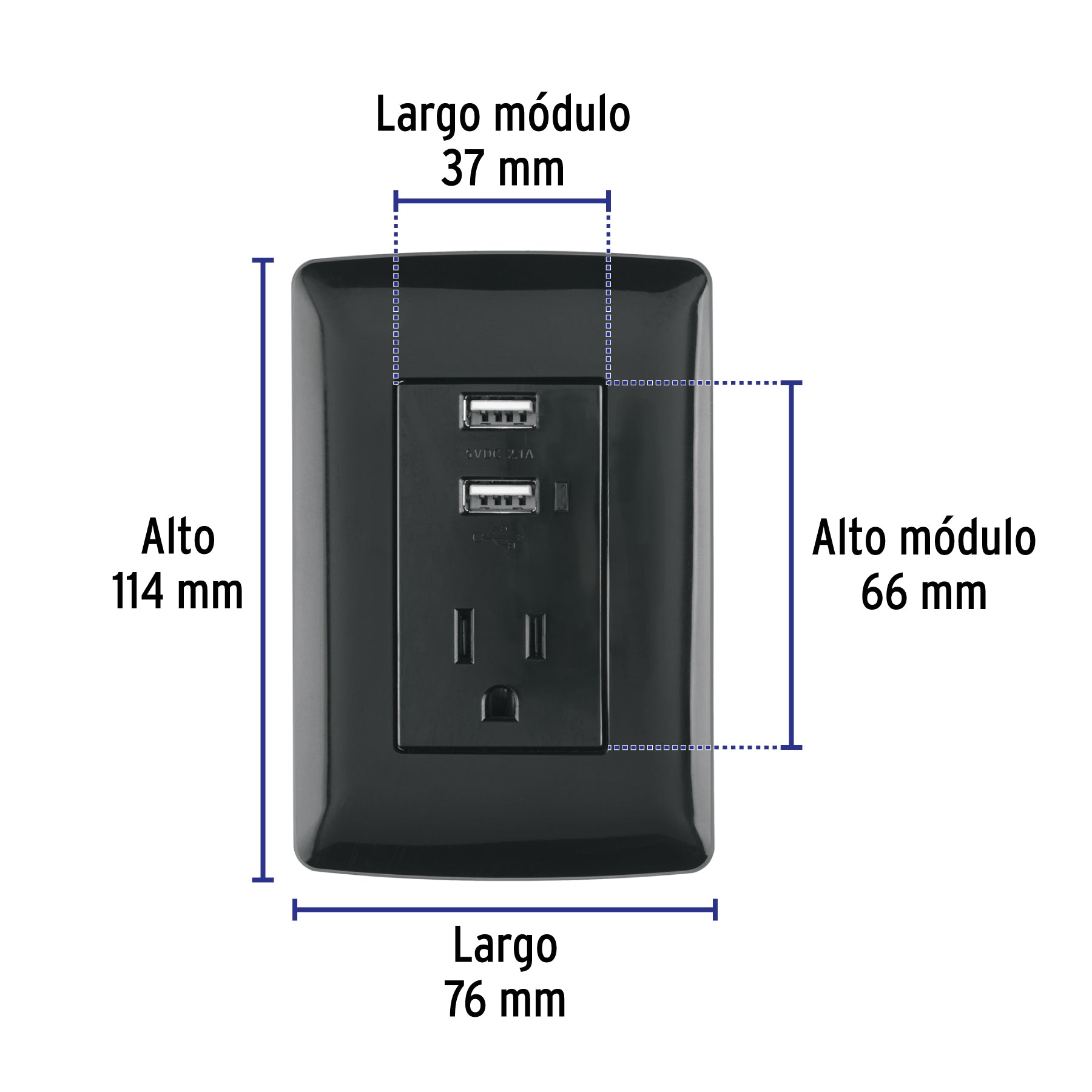 Contacto aterrizado + 2 puertos USB, negro, línea Italiana
