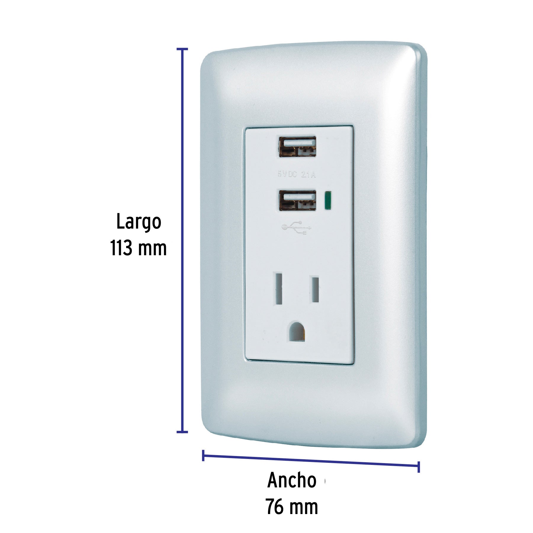 Contacto aterrizado + 2 puertos USB, plata, línea Italiana