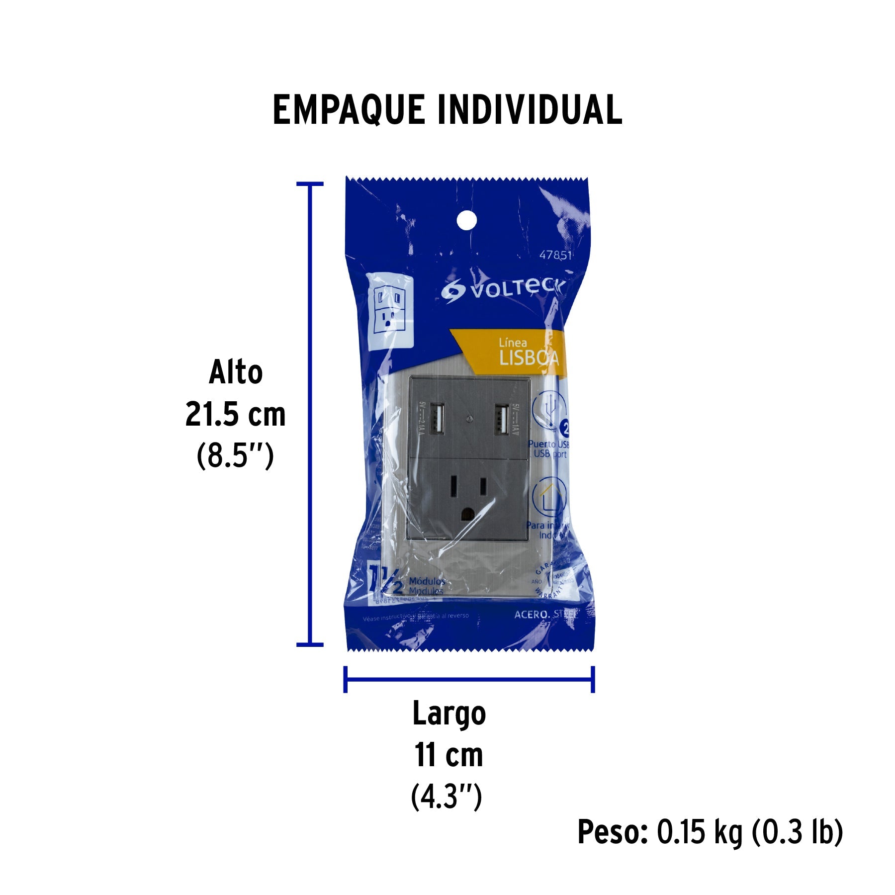 Placa armada acero contacto y 2 puertos USB 1.5 mód, Lisboa - Empaque
