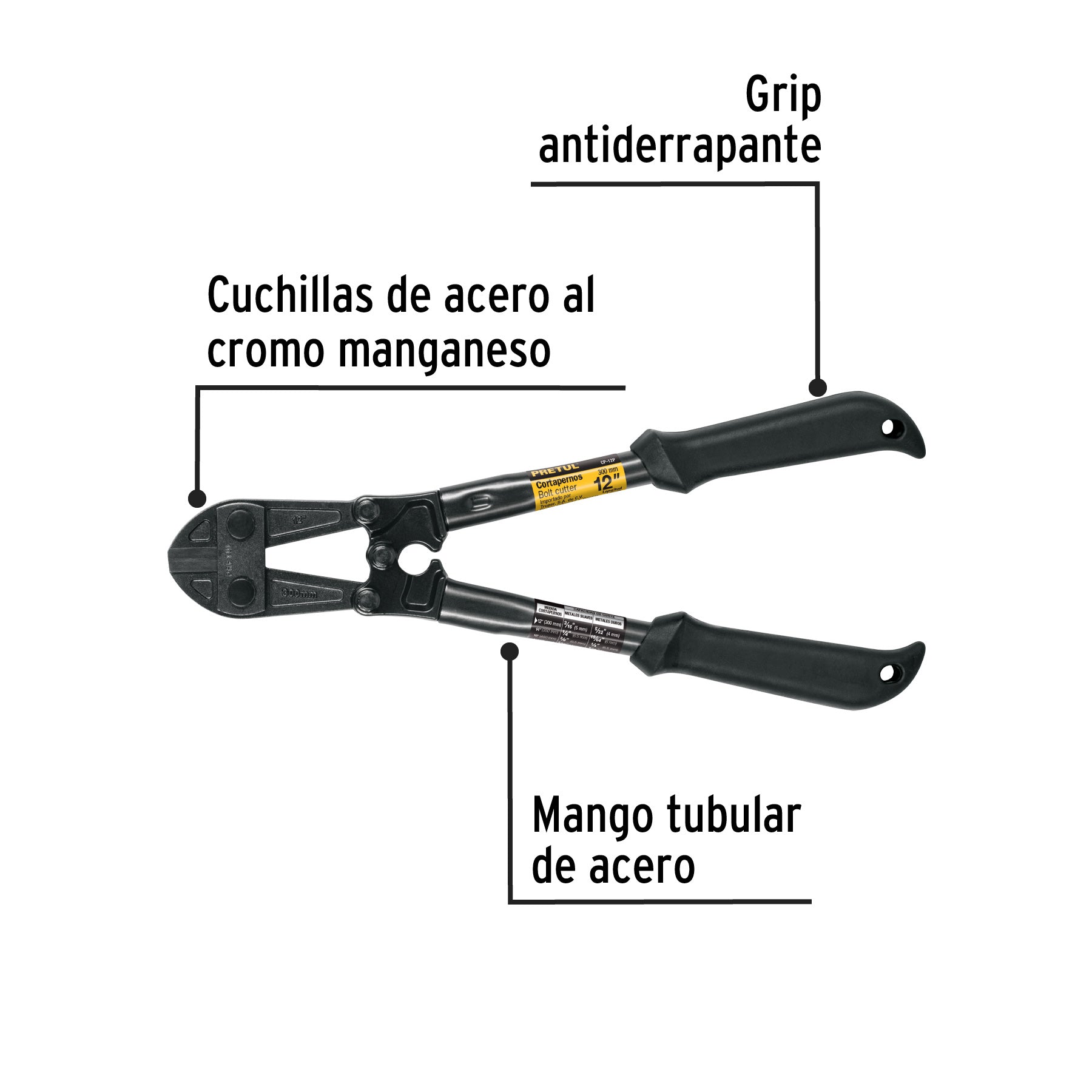Cortapernos 12", mango tubular, PRETUL