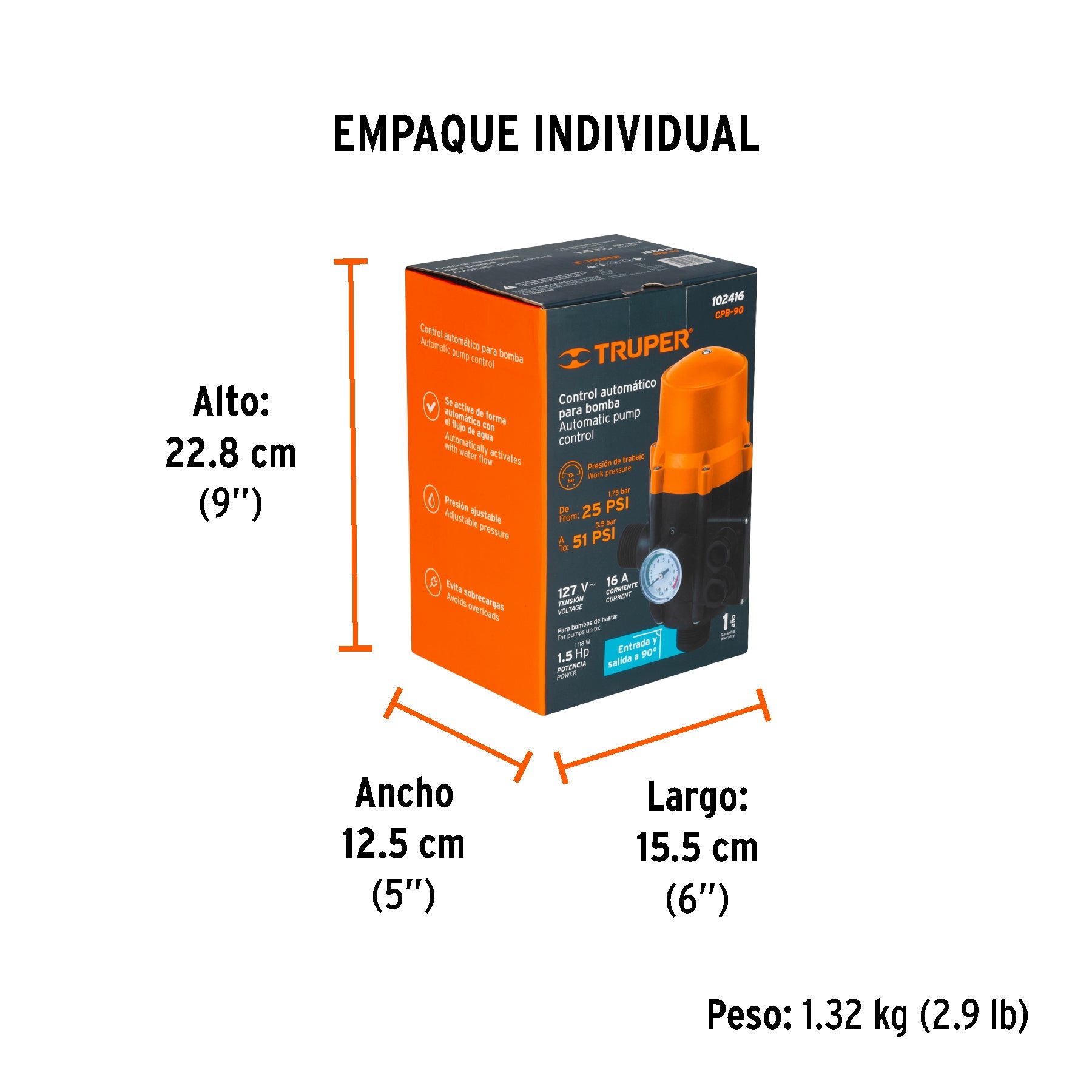 Control automático de presión de bombas para agua, 90° - Empaque