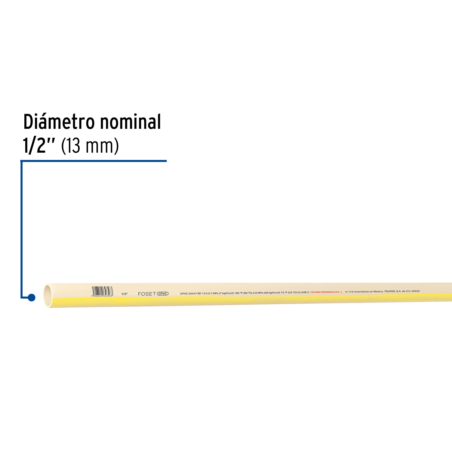 Tubo de 1/2" CPVC hidráulico RD 13.5, 3m, 0.3kg, FOSET