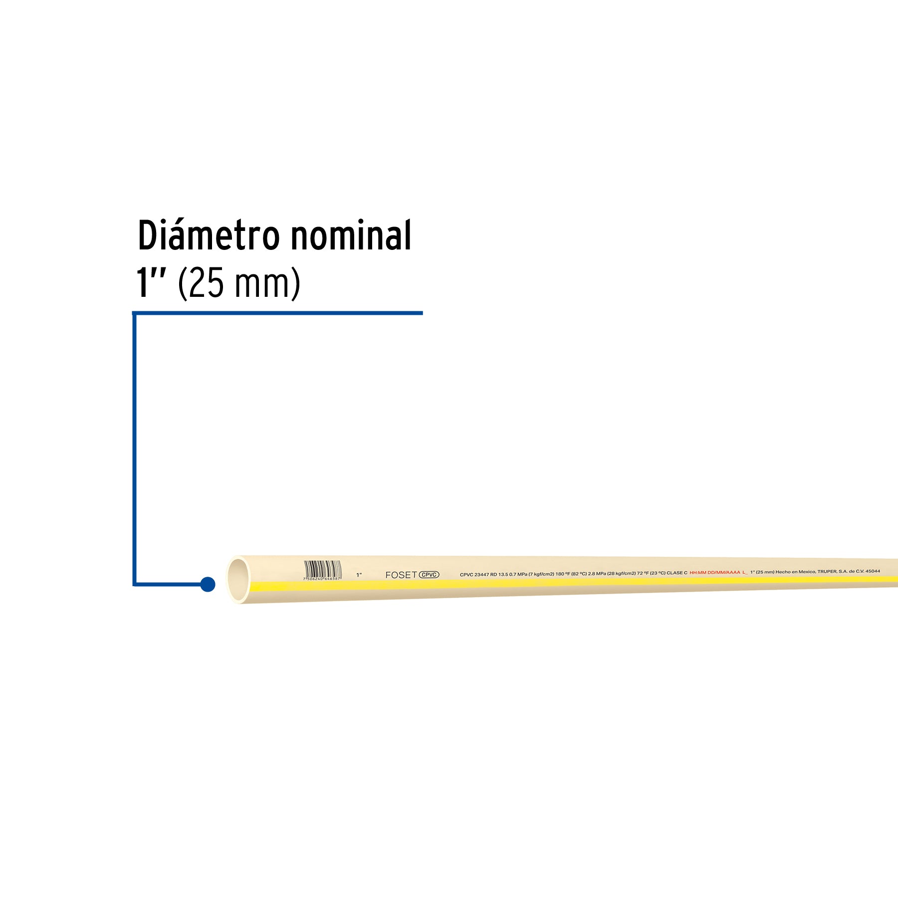 Tubo de 1" CPVC hidráulico RD 13.5, 1", 3m, 0.8kg, FOSET