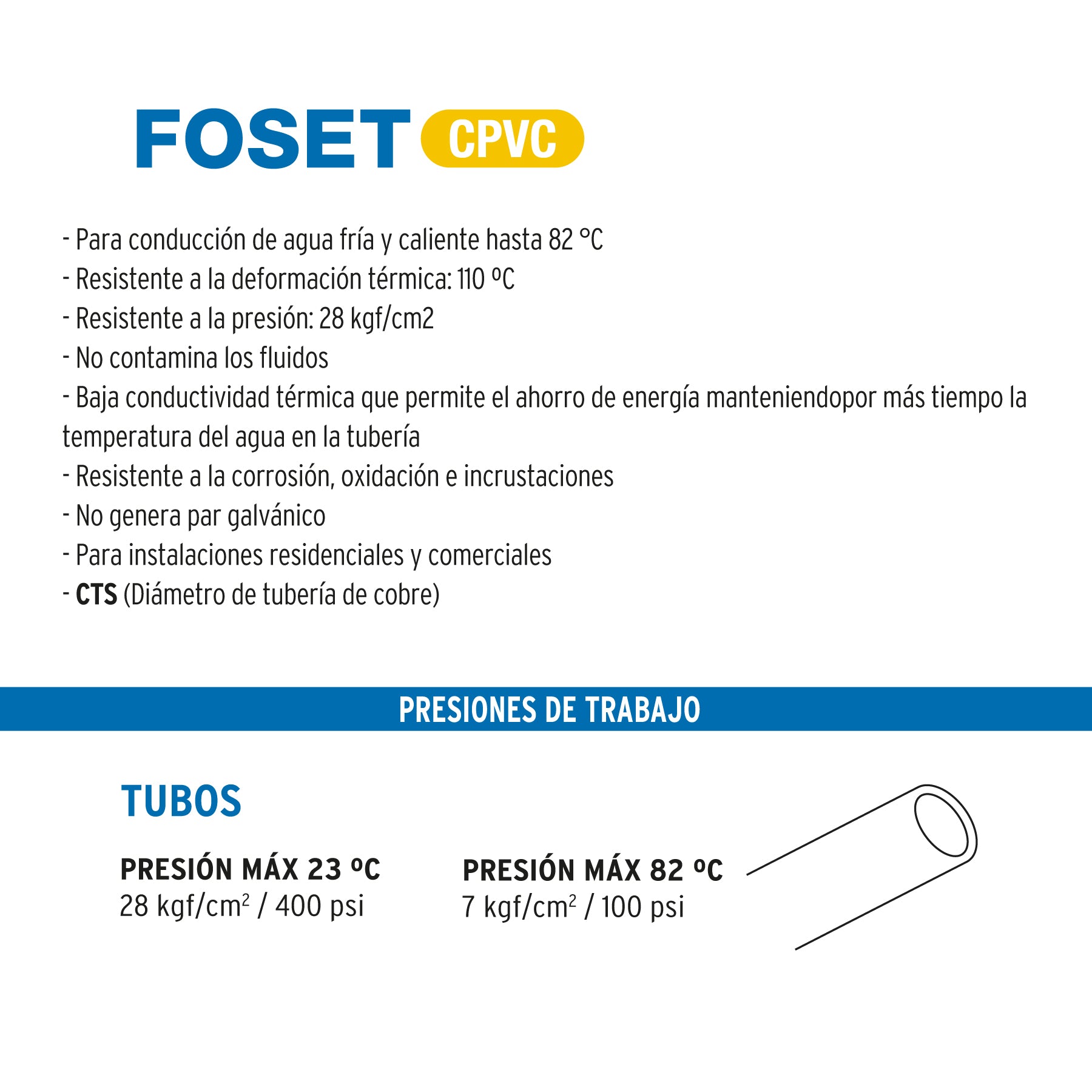 Tubo de 1" CPVC hidráulico RD 13.5, 1", 3m, 0.8kg, FOSET