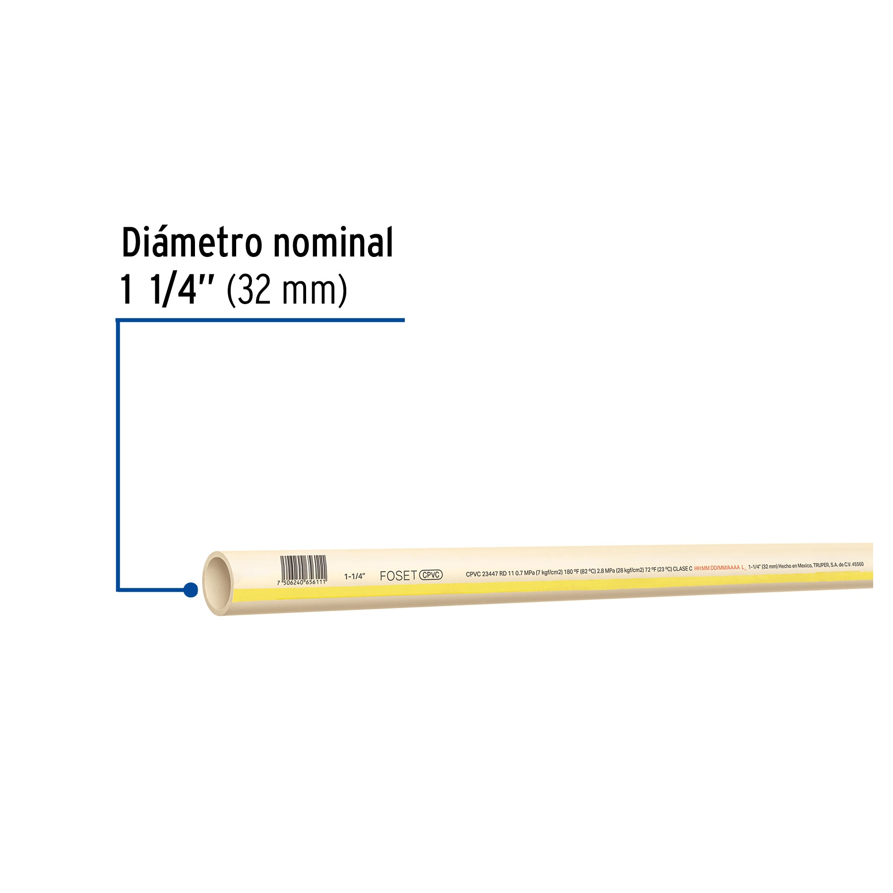 Tubo de 1-1/4" CPVC hidráulico RD 11, 3m, 1.5kg, FOSET