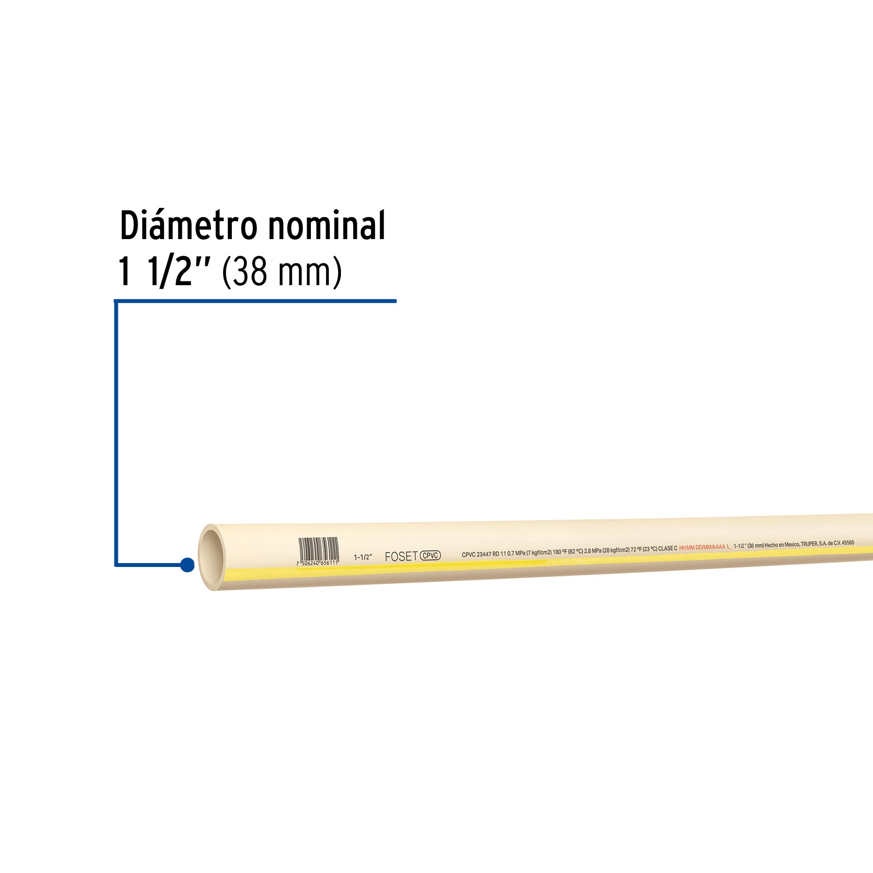 Tubo de 1-1/2" CPVC hidráulico RD 11, 3m, 2.1kg, FOSET