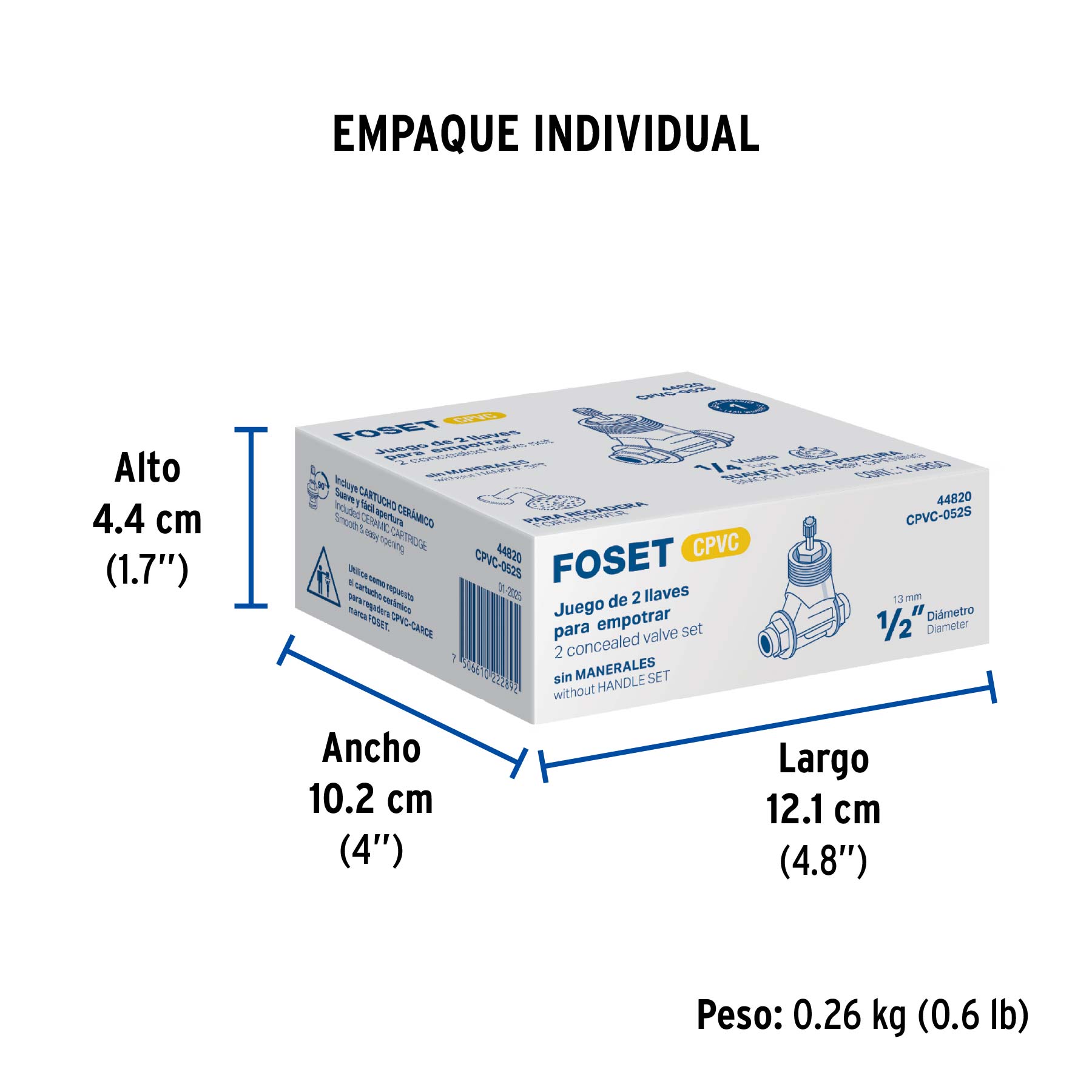 Juego de 2 llaves de empotrar CPVC 1/2" para regadera, FOSET - Empaque