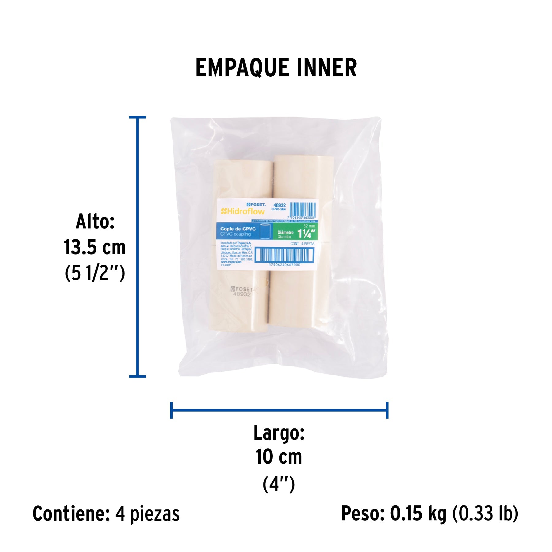Cople de CPVC de 1-1/4", FOSET - Empaque