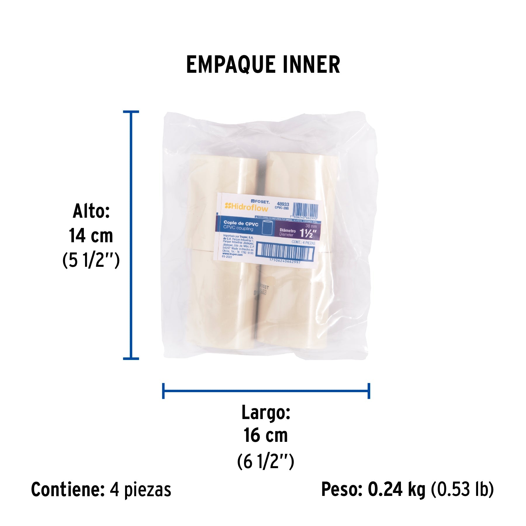 Cople de CPVC de 1-1/2", FOSET - Empaque