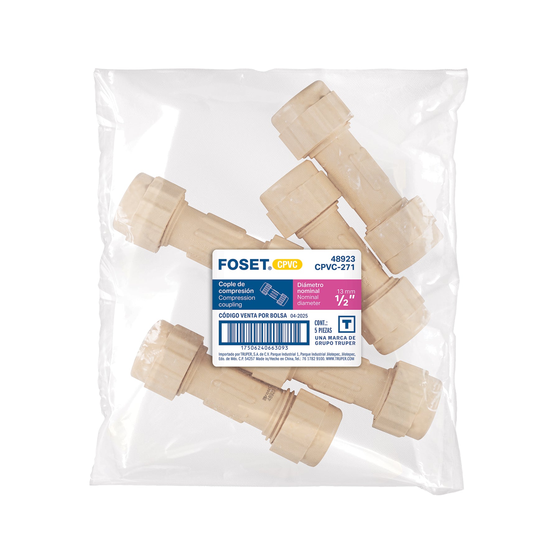 Cople de compresión CPVC de 1/2", FOSET