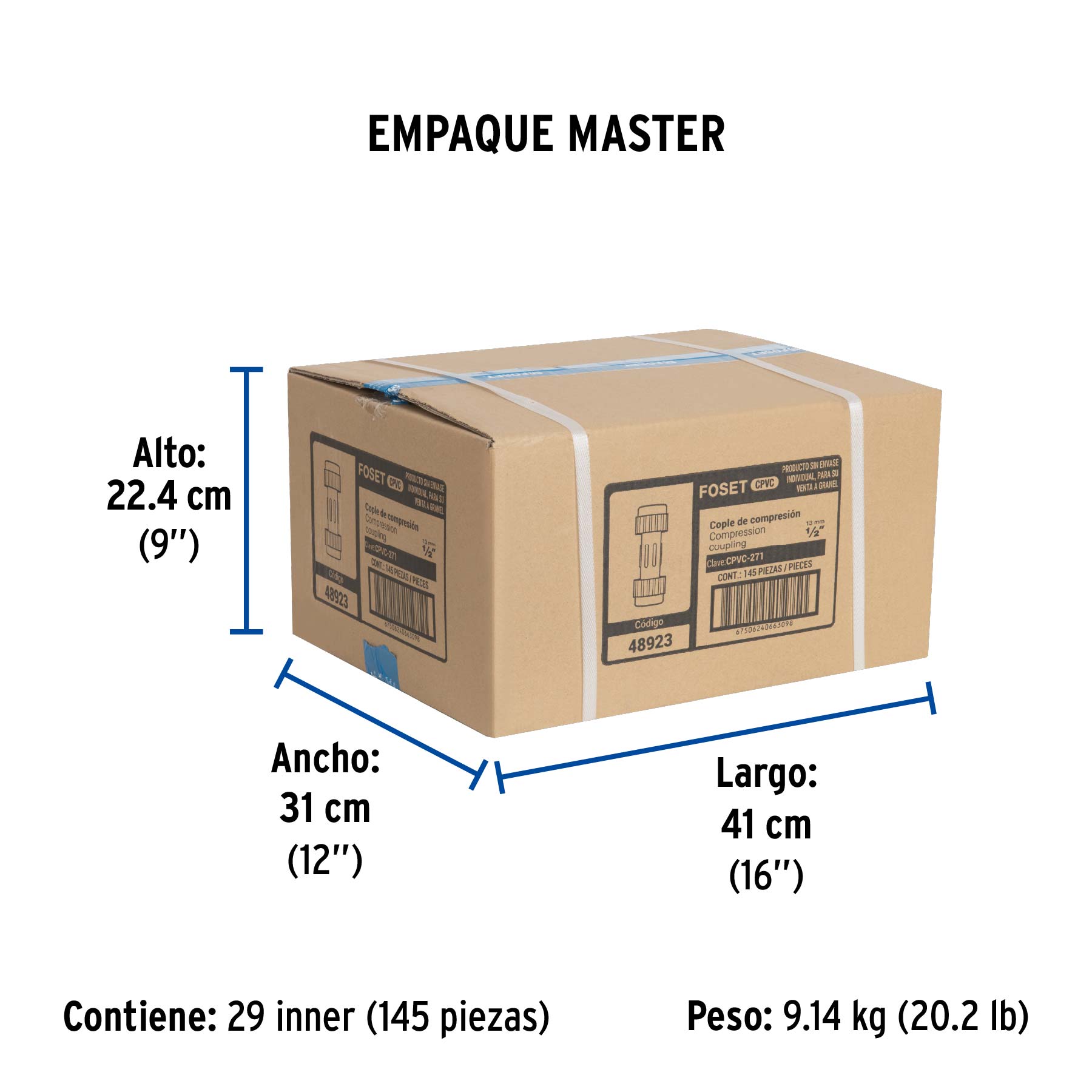 Cople de compresión CPVC de 1/2", FOSET - Empaque
