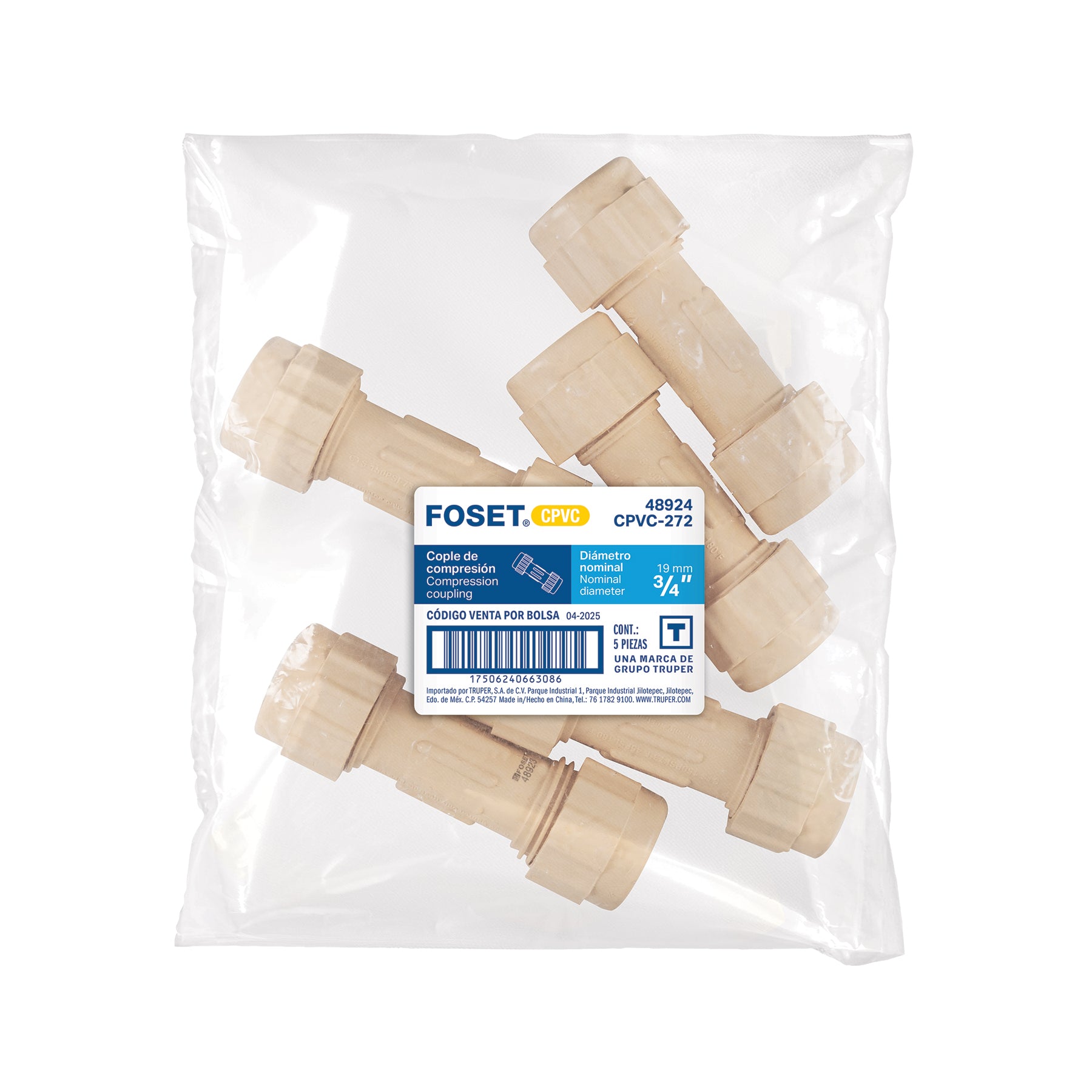 Cople de compresión CPVC de 3/4", FOSET