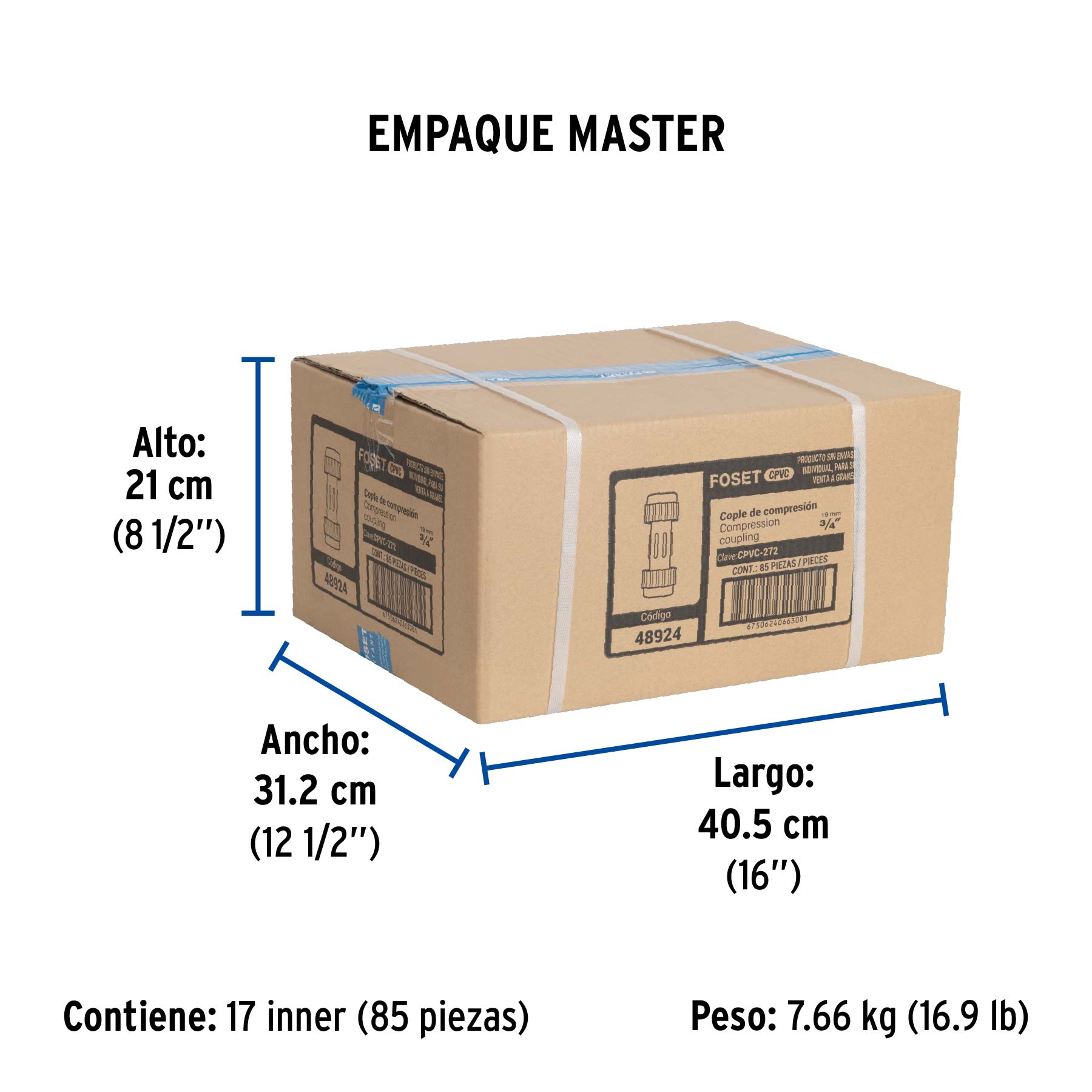 Cople de compresión CPVC de 3/4", FOSET - Empaque