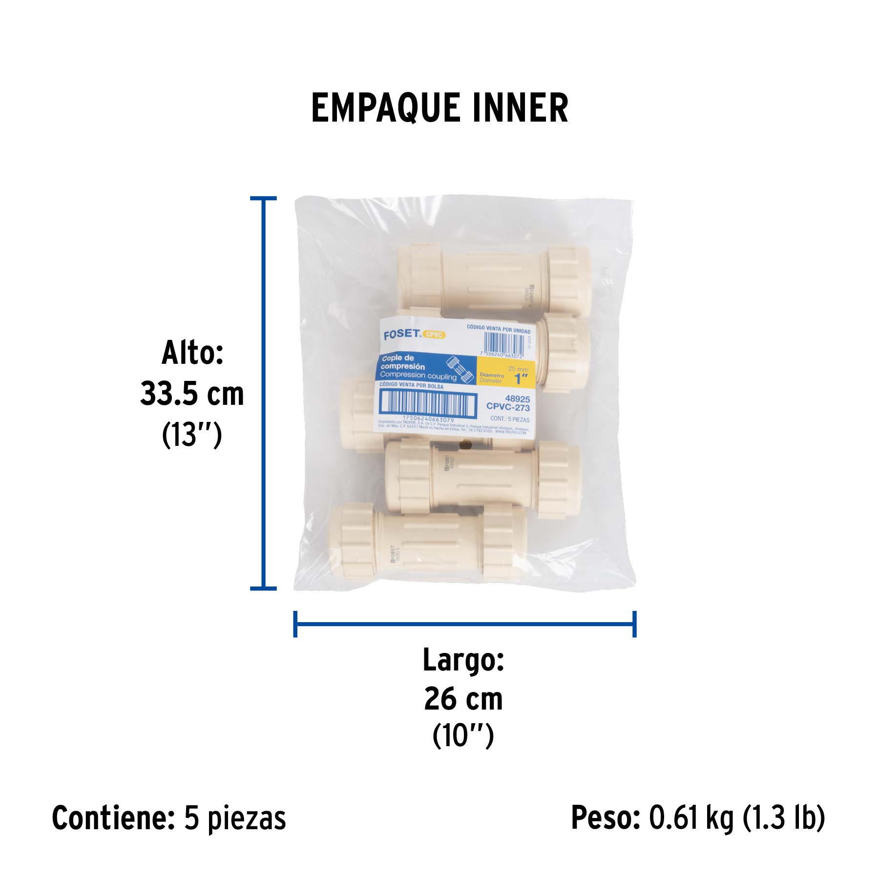 Cople de compresión CPVC de 1", FOSET - Empaque