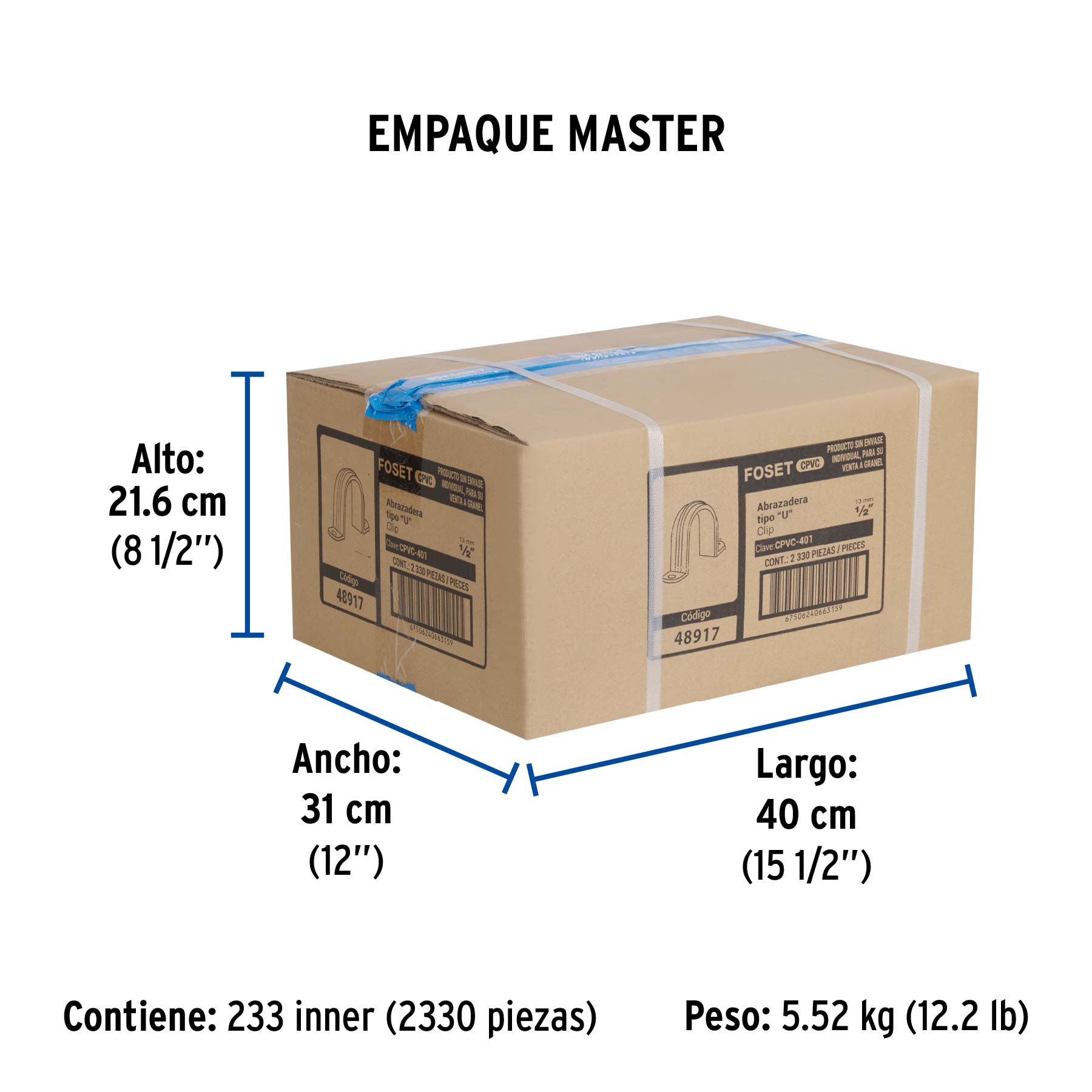 Abrazadera tipo "U" de CPVC de 1/2", FOSET - Empaque