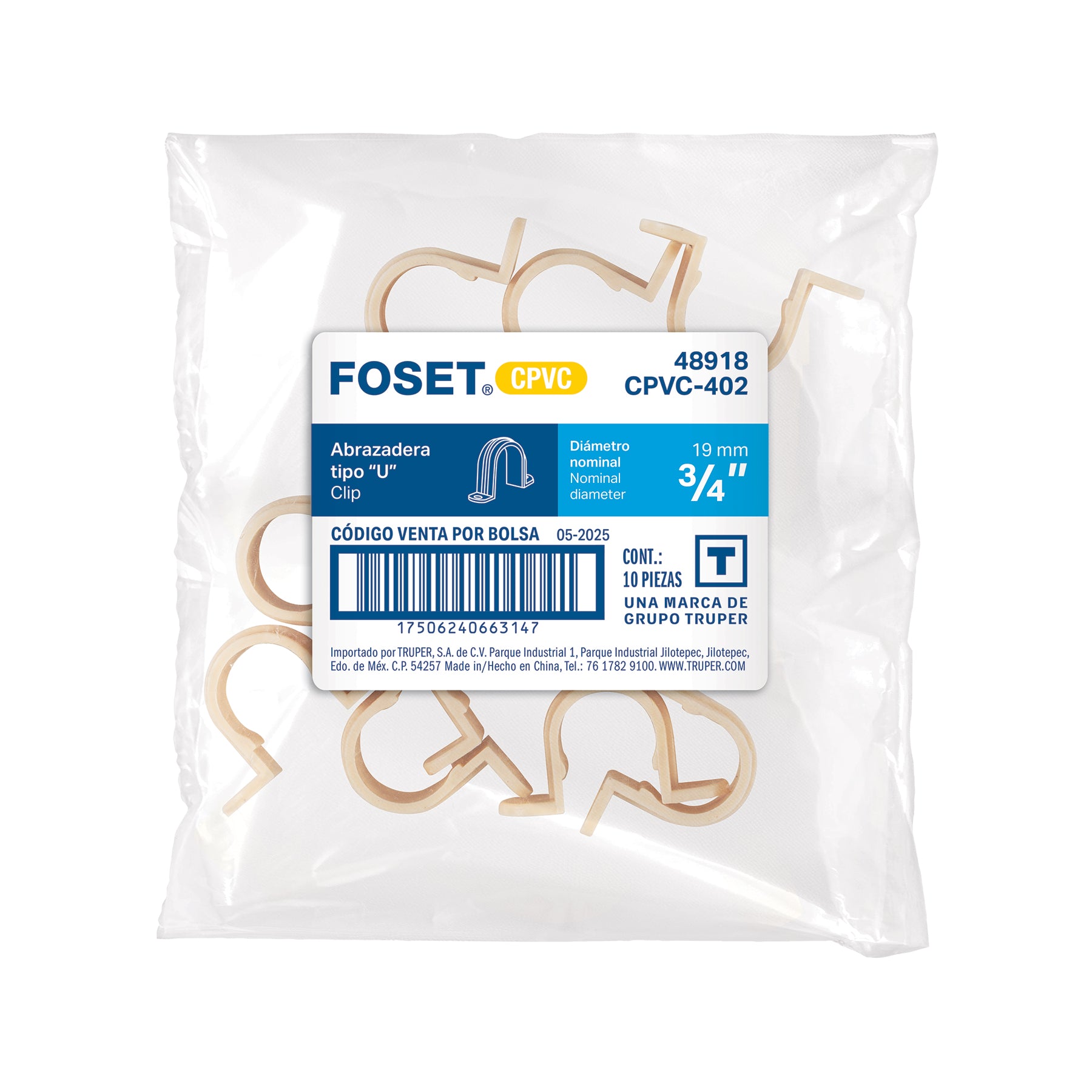 Abrazadera tipo "U" de CPVC de 3/4", FOSET