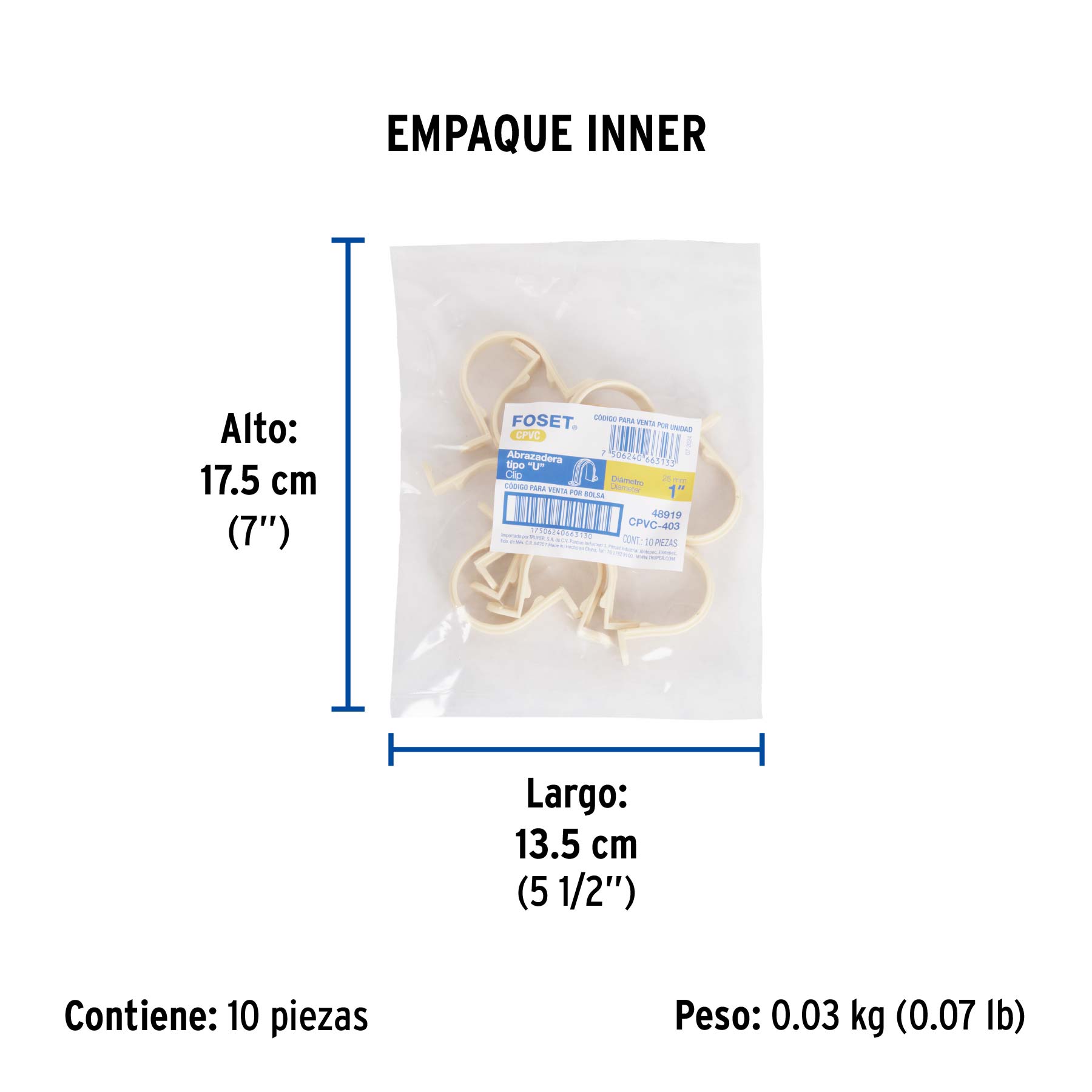 Abrazadera tipo "U" de CPVC de 1", FOSET - Empaque