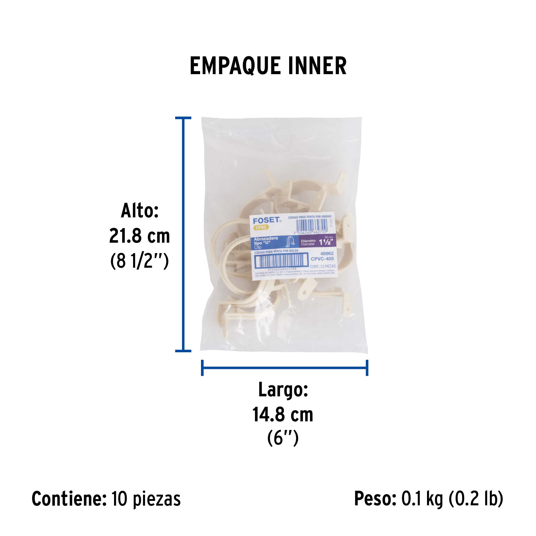Abrazadera tipo "U" de CPVC de 1-1/2", FOSET - Empaque