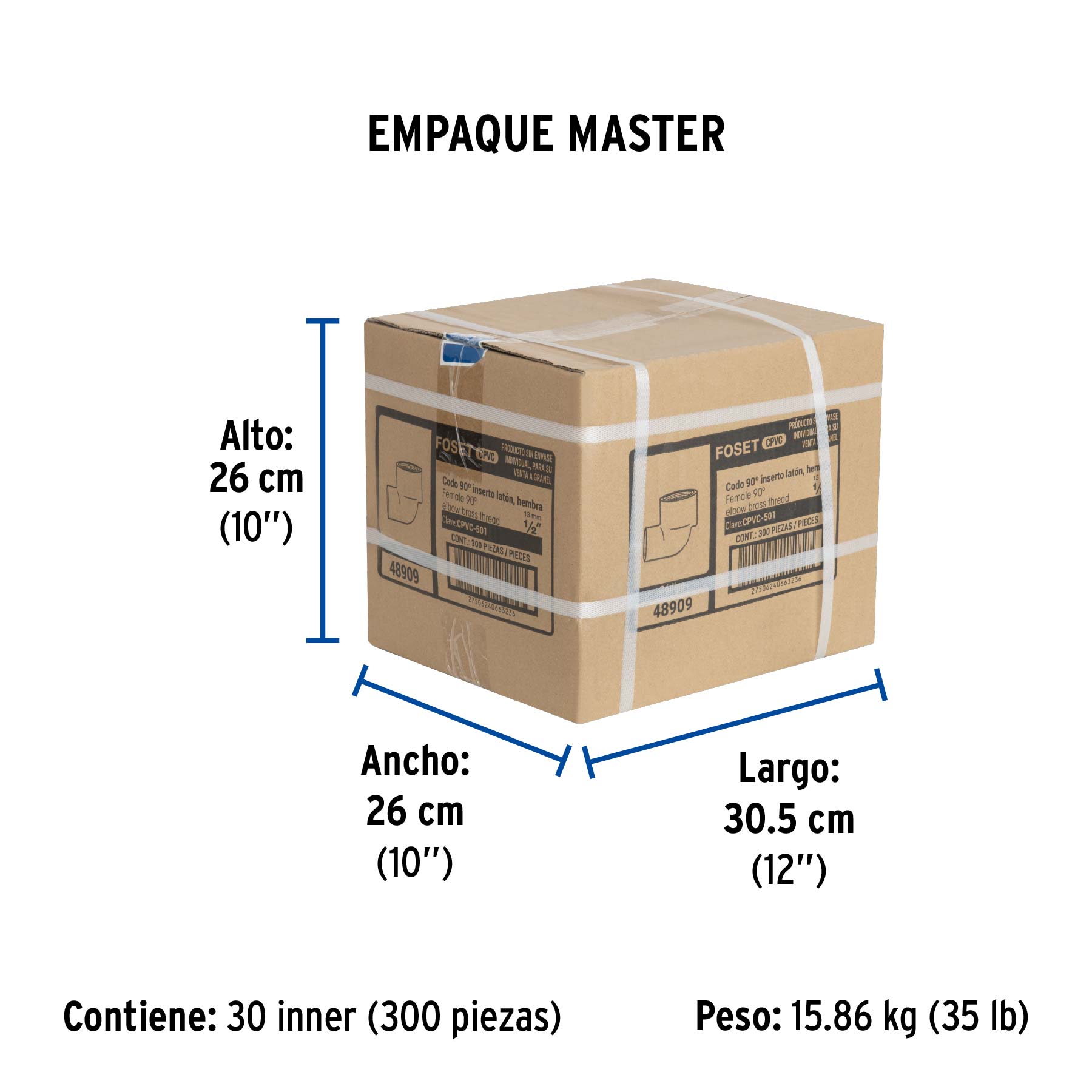 Codo 90° de CPVC con inserto latón 1/2", FOSET - Empaque