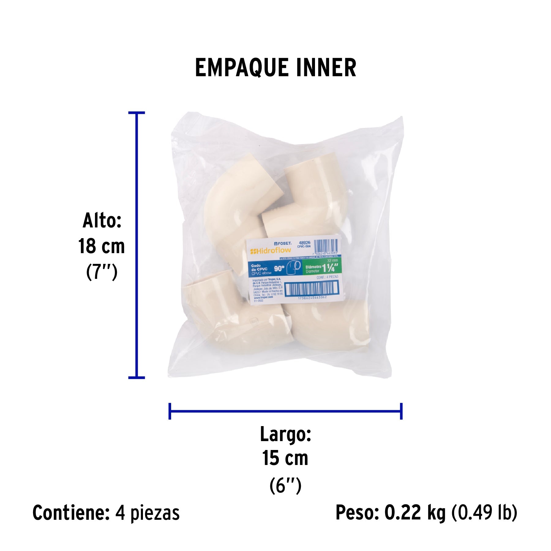 Codo 90° de CPVC de 1-1/4", FOSET - Empaque